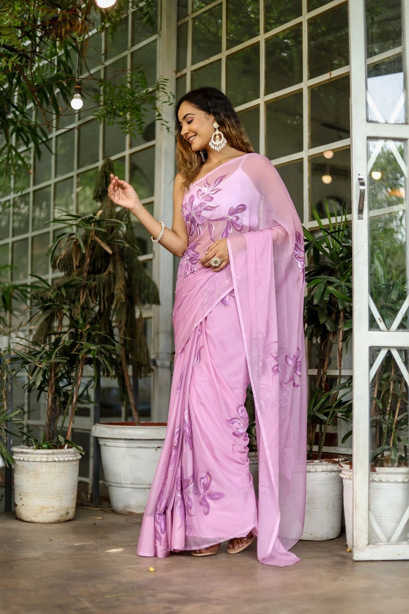 Lavender Georgette Saree with Hand-Painted Purple Floral Motifs & Pearl Highlights – Attached Blouse – 5.5 Meters