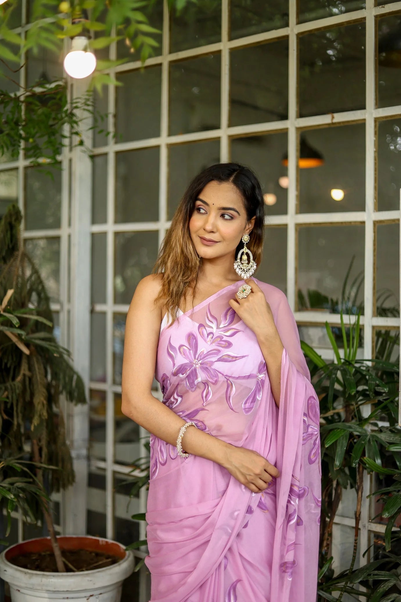 Lavender Georgette Saree with Hand-Painted Purple Floral Motifs & Pearl Highlights – Attached Blouse – 5.5 Meters