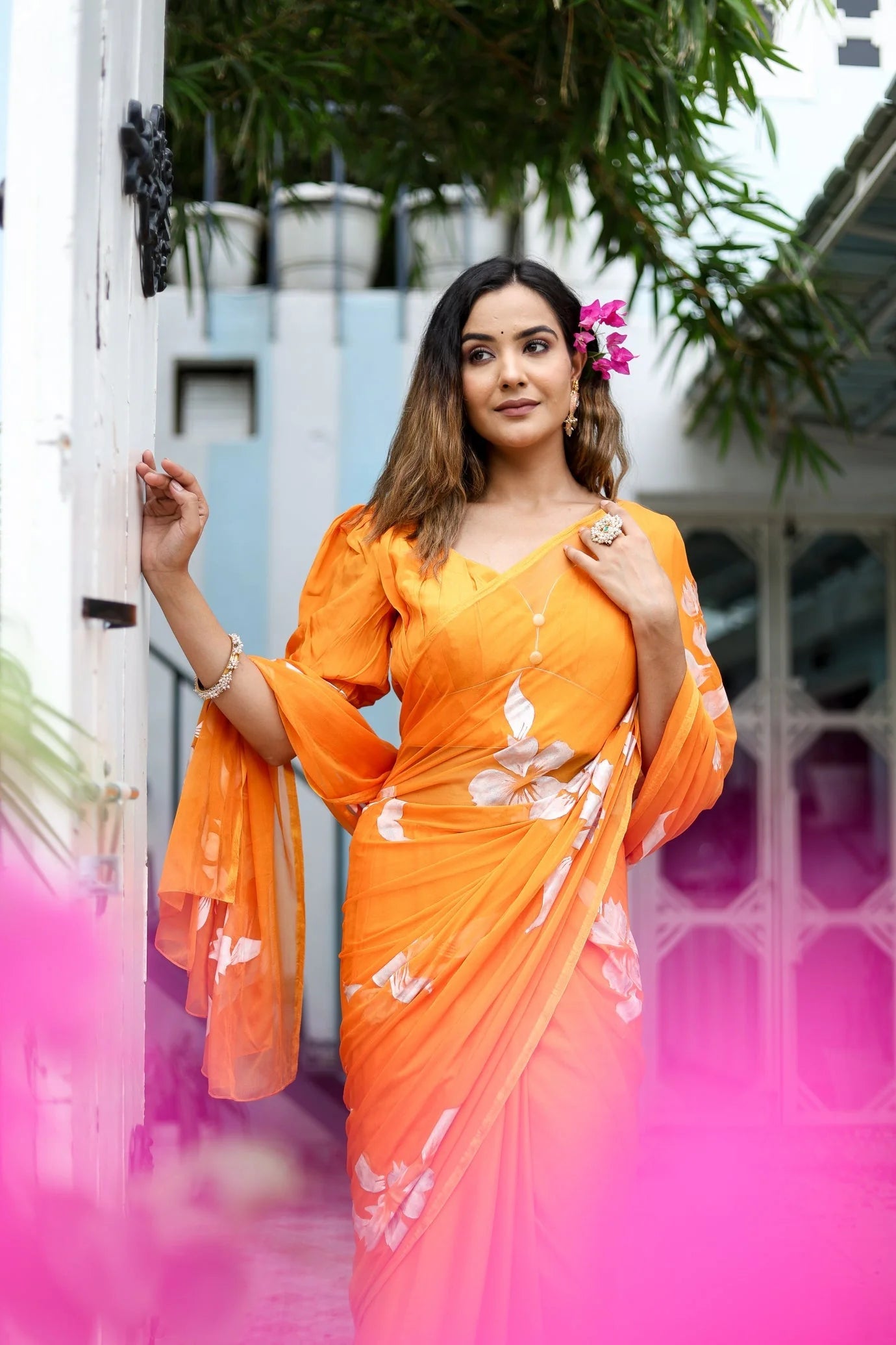 Sunset Orange Georgette Saree with Hand-Painted White Floral Motifs – Attached Blouse – 5.5 Meters