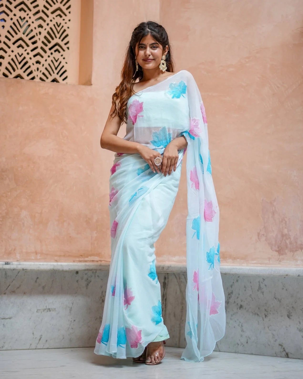Sky Blue Georgette Saree with Embroidered Pink & Blue Leaf Motifs – Attached Blouse – 5.5 Meters