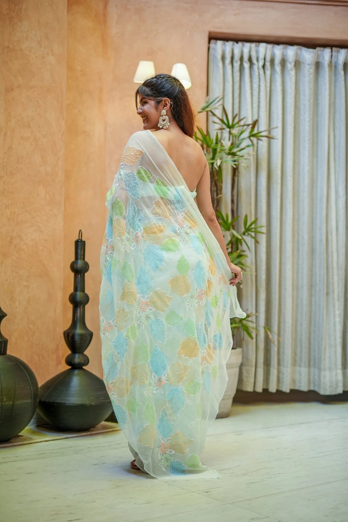 Mint Green Georgette Saree with Multicolor Leaf Embroidery & Attached Blouse – 5.5 Meters
