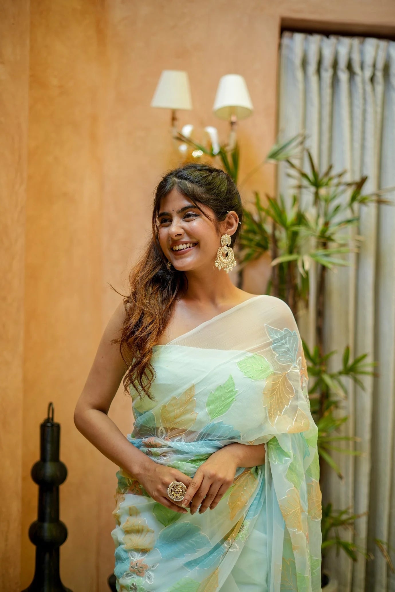 Mint Green Georgette Saree with Multicolor Leaf Embroidery & Attached Blouse – 5.5 Meters