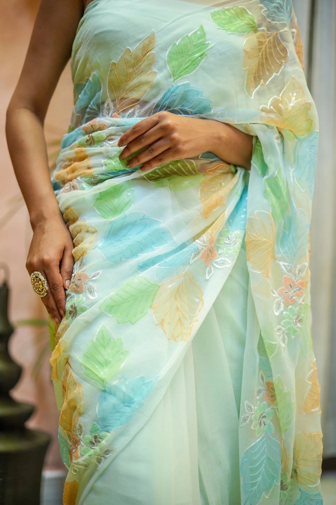 Mint Green Georgette Saree with Multicolor Leaf Embroidery & Attached Blouse – 5.5 Meters
