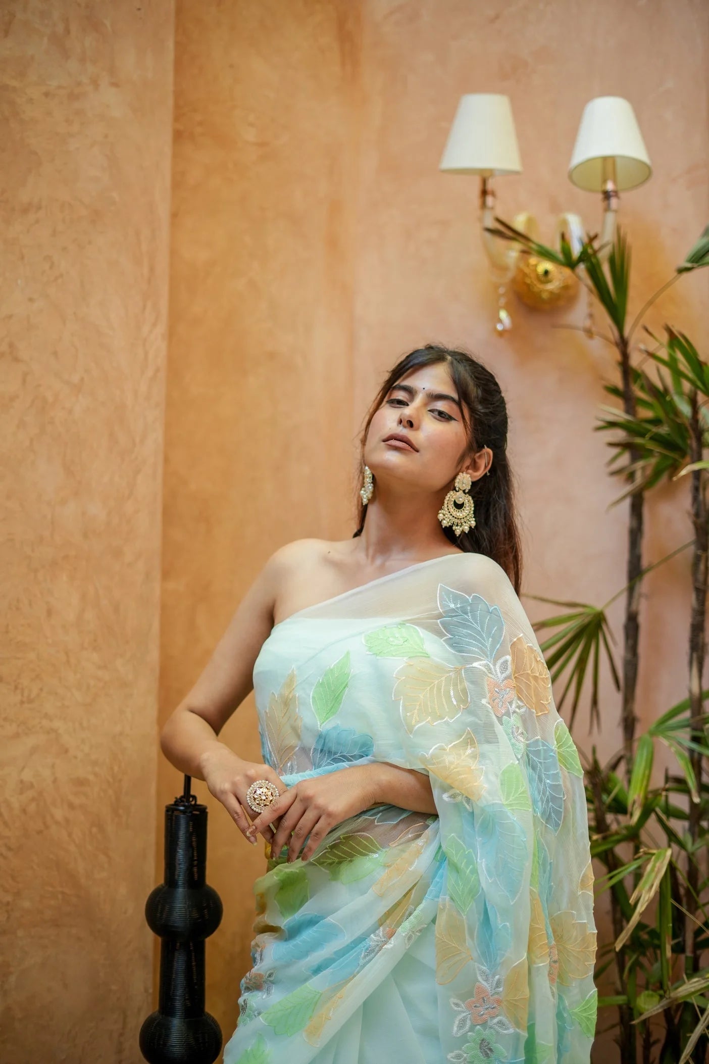 Mint Green Georgette Saree with Multicolor Leaf Embroidery & Attached Blouse – 5.5 Meters