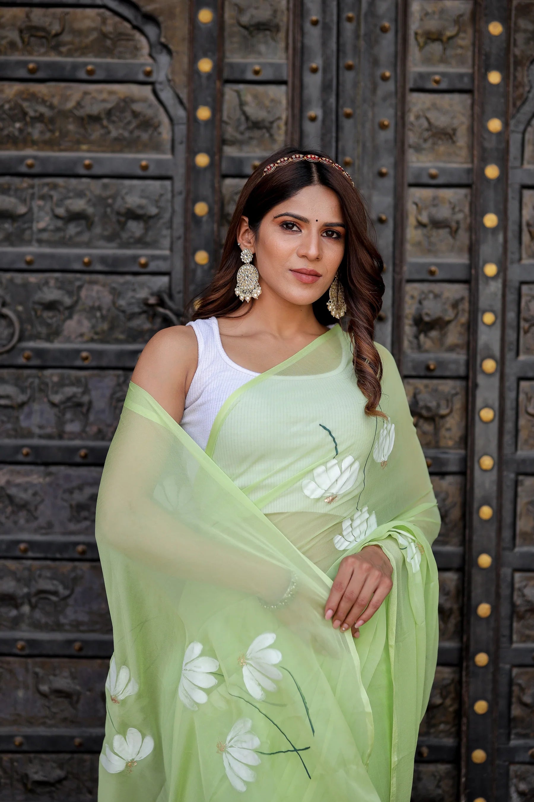 Lime Green Georgette Saree with White Hand-Embroidered Floral Motifs – Attached Blouse – 5.5 Meters