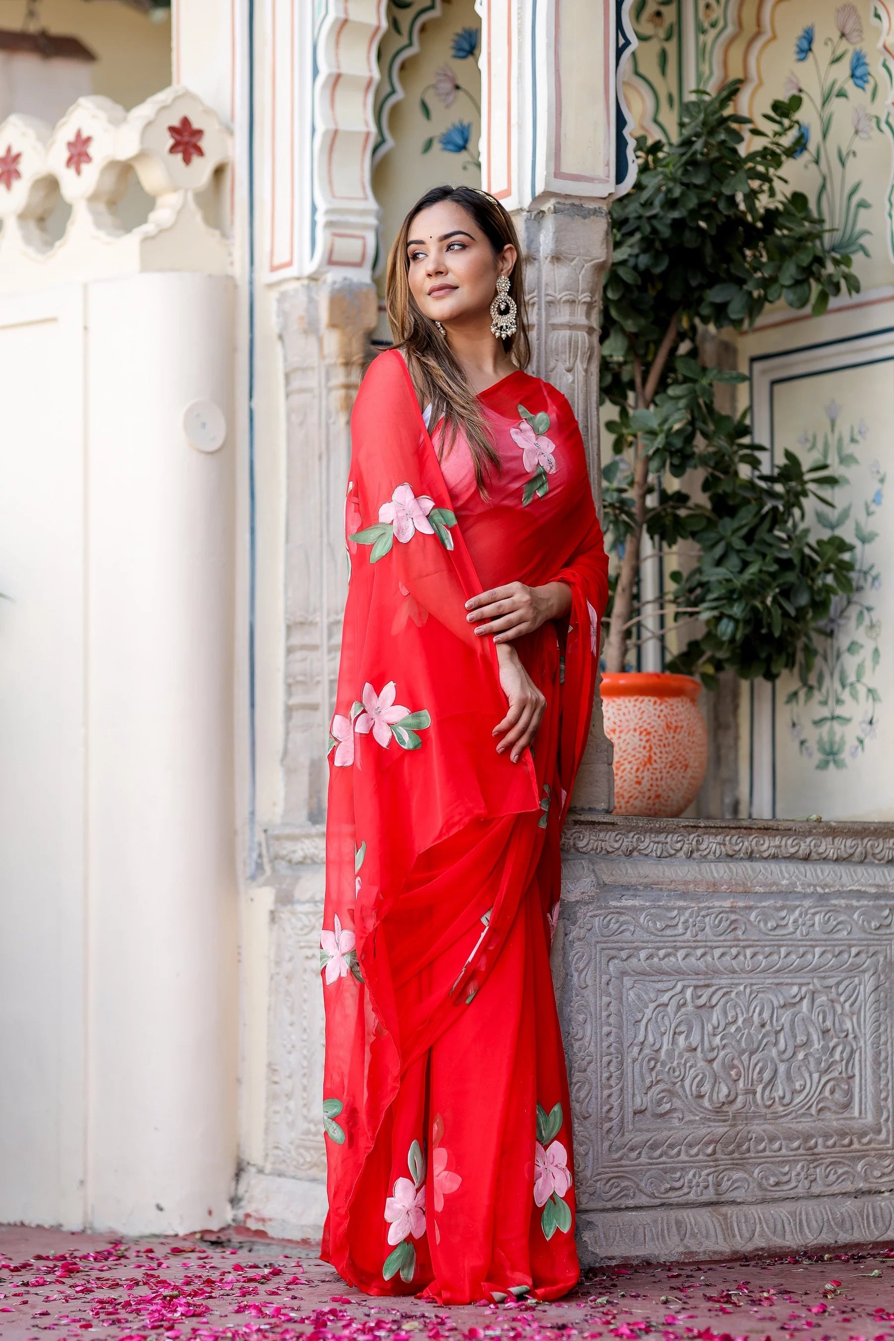 Crimson Red Georgette Saree with Hand-Painted Pink Floral Motifs – Attached Blouse – 5.5 Meters