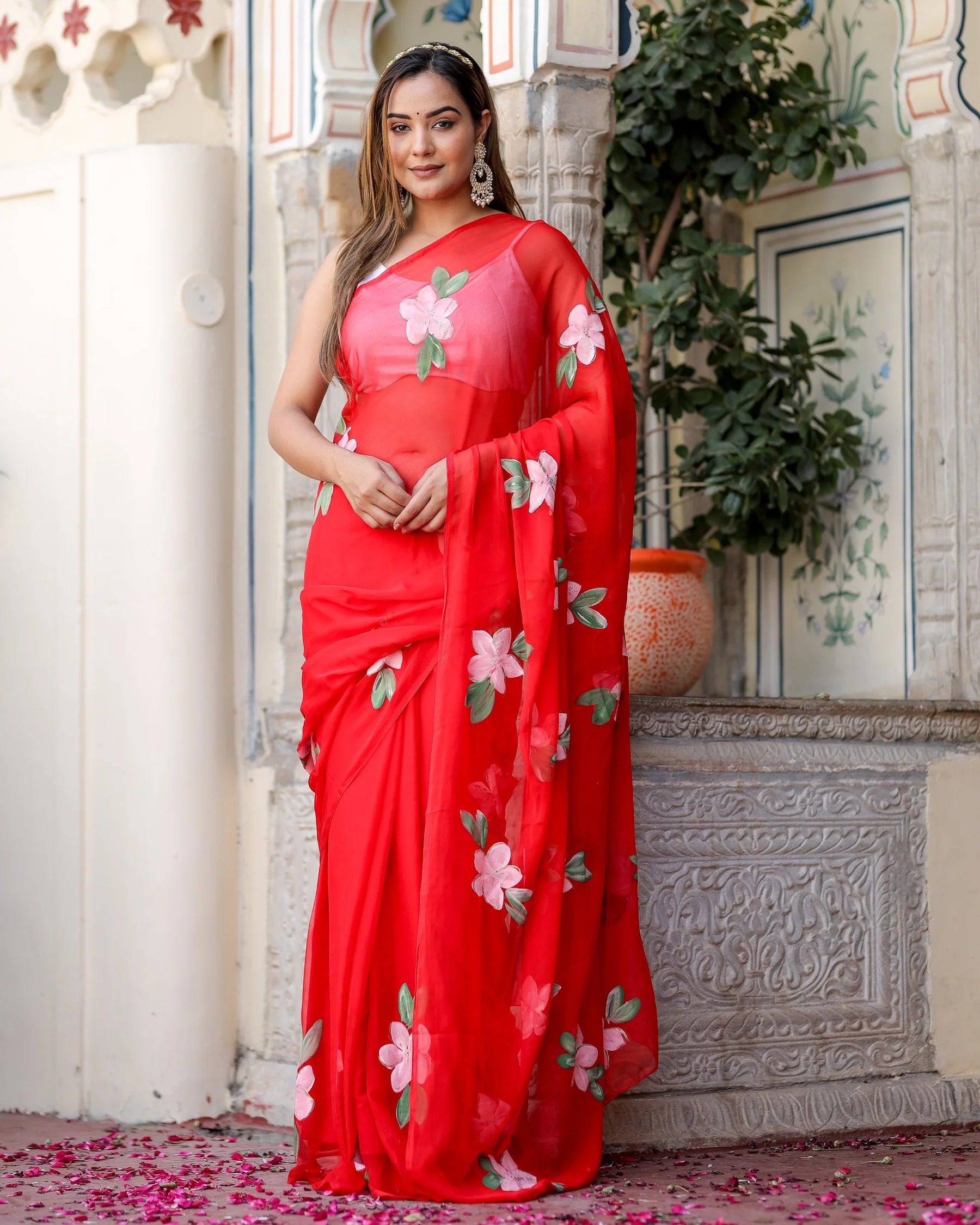 Crimson Red Georgette Saree with Hand-Painted Pink Floral Motifs – Attached Blouse – 5.5 Meters