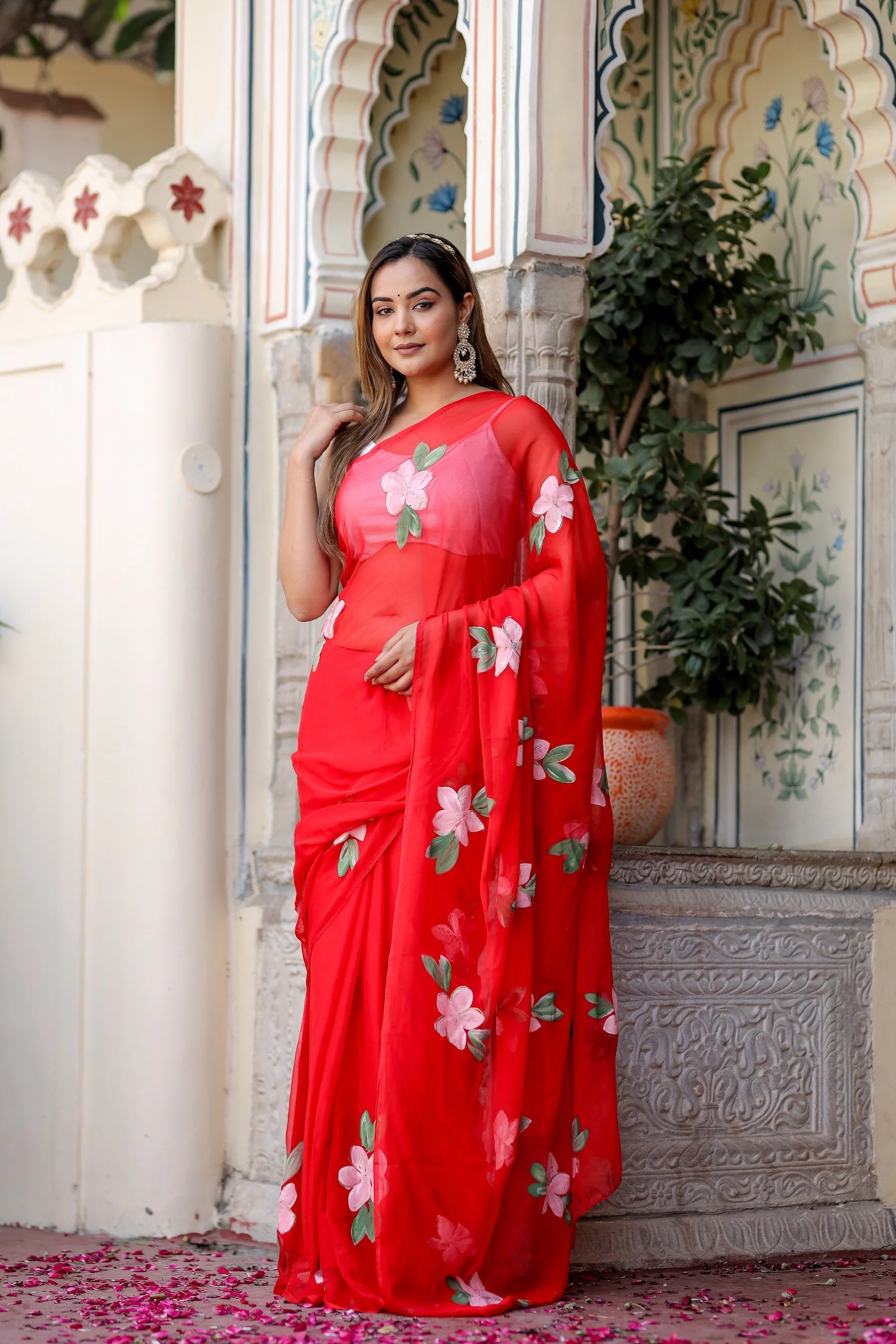 Crimson Red Georgette Saree with Hand-Painted Pink Floral Motifs – Attached Blouse – 5.5 Meters
