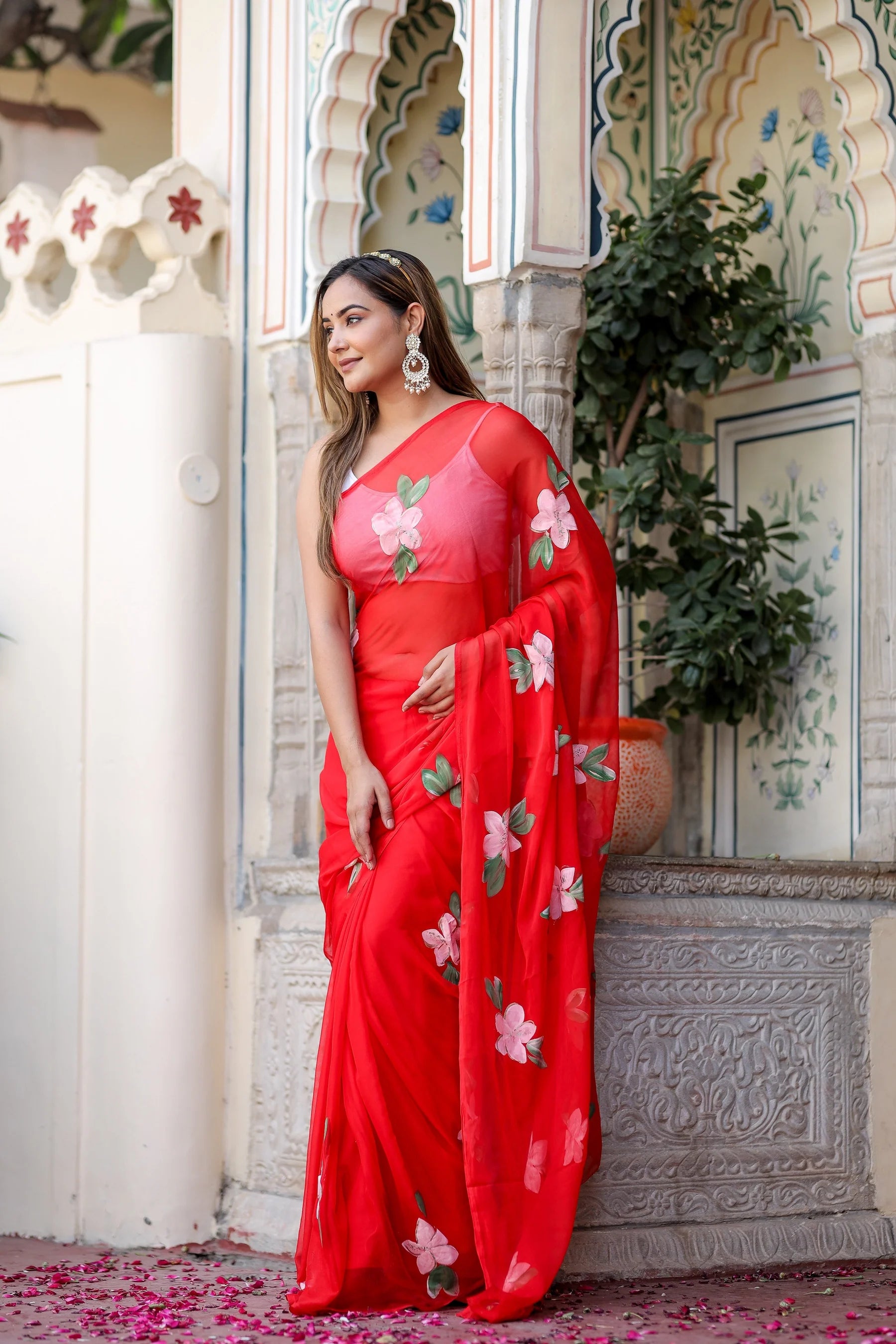 Crimson Red Georgette Saree with Hand-Painted Pink Floral Motifs – Attached Blouse – 5.5 Meters