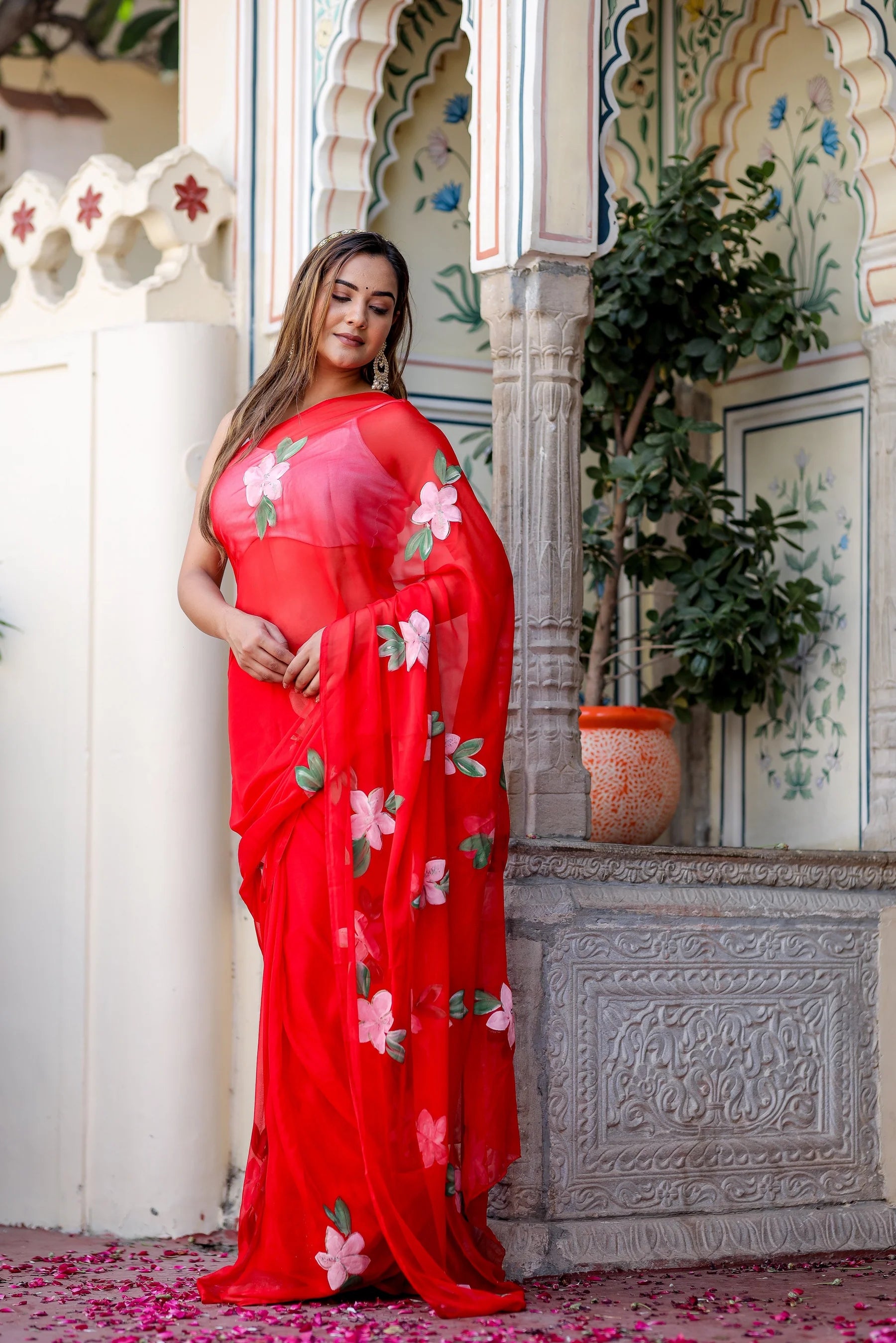 Crimson Red Georgette Saree with Hand-Painted Pink Floral Motifs – Attached Blouse – 5.5 Meters