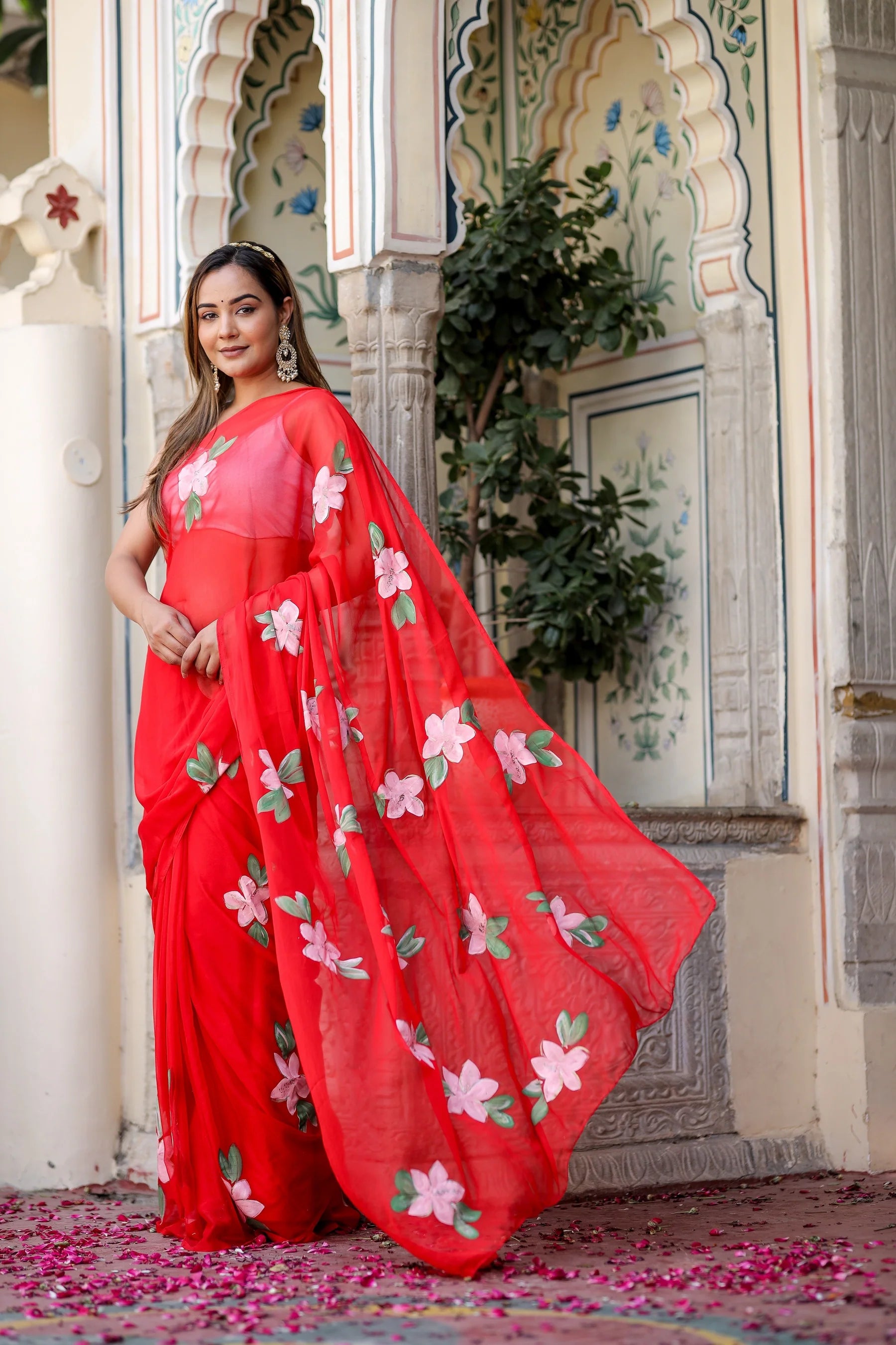 Crimson Red Georgette Saree with Hand-Painted Pink Floral Motifs – Attached Blouse – 5.5 Meters