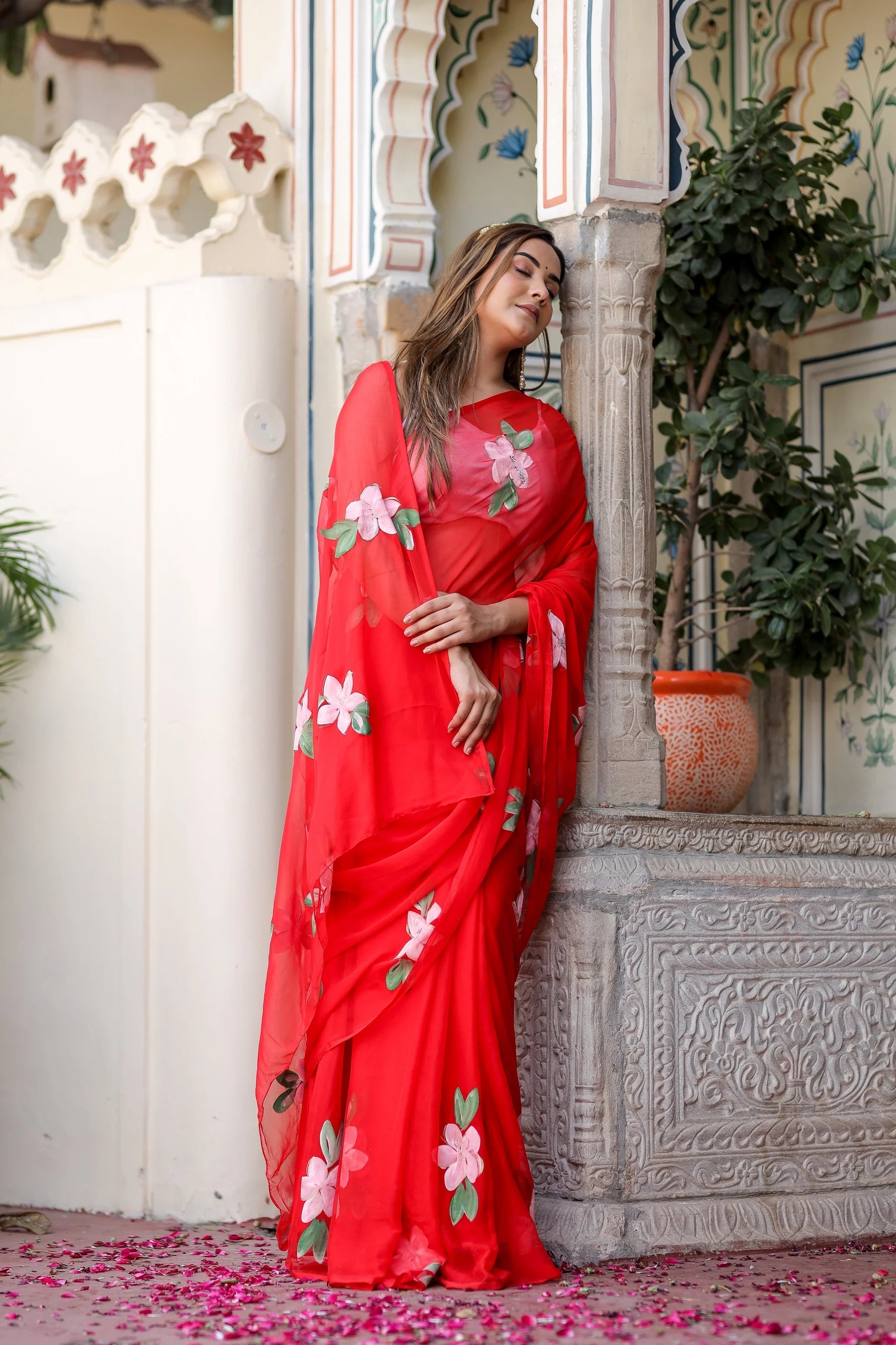 Crimson Red Georgette Saree with Hand-Painted Pink Floral Motifs – Attached Blouse – 5.5 Meters
