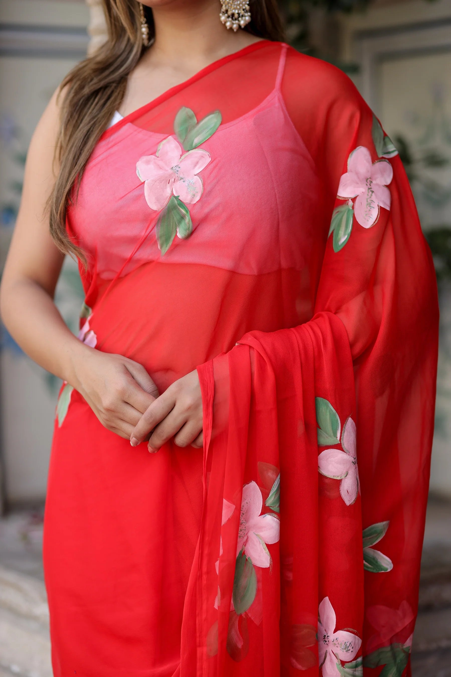 Crimson Red Georgette Saree with Hand-Painted Pink Floral Motifs – Attached Blouse – 5.5 Meters