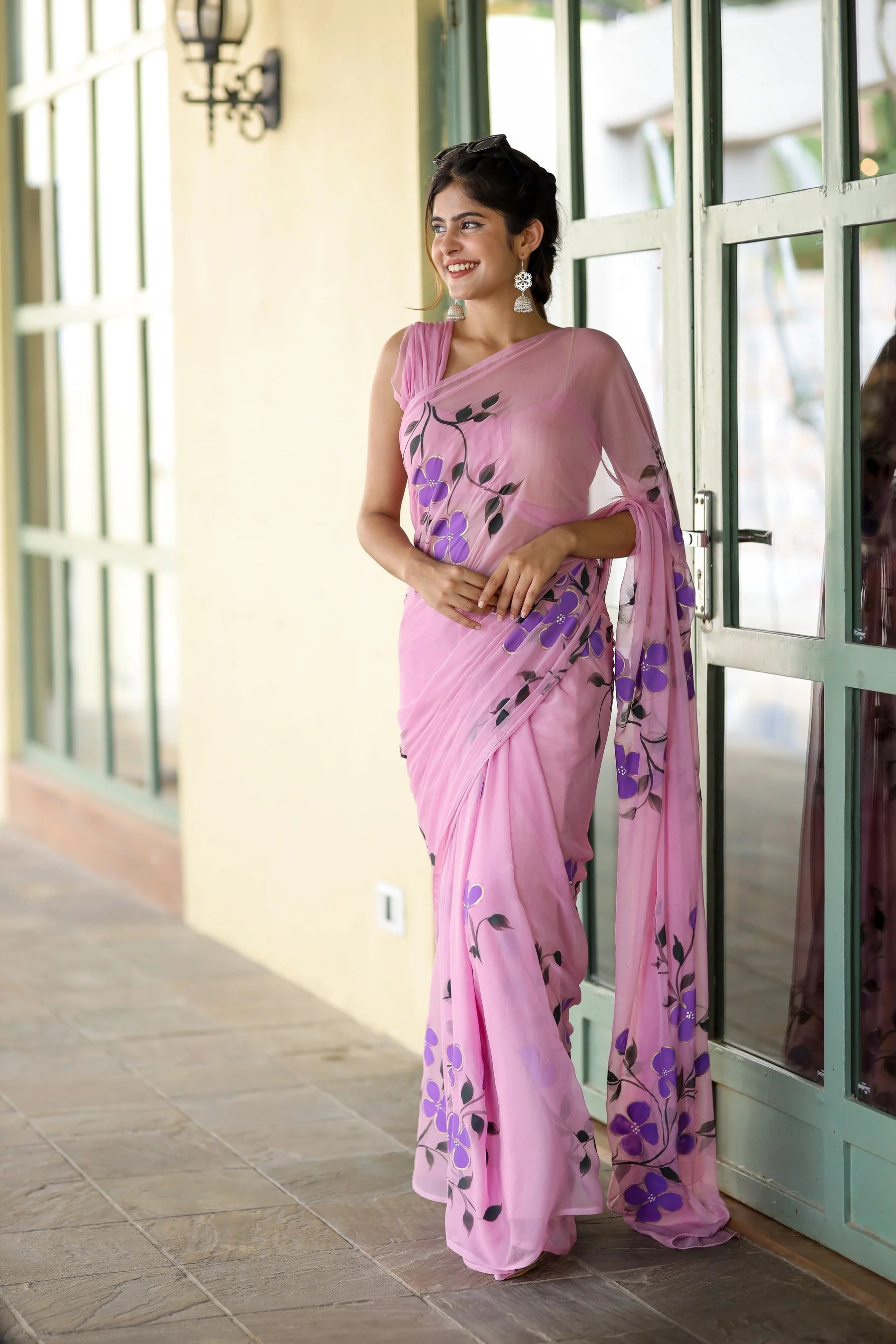 Lavender Pink Georgette Saree with Hand-Painted Purple Flowers – 5.5 Meters with Attached Blouse