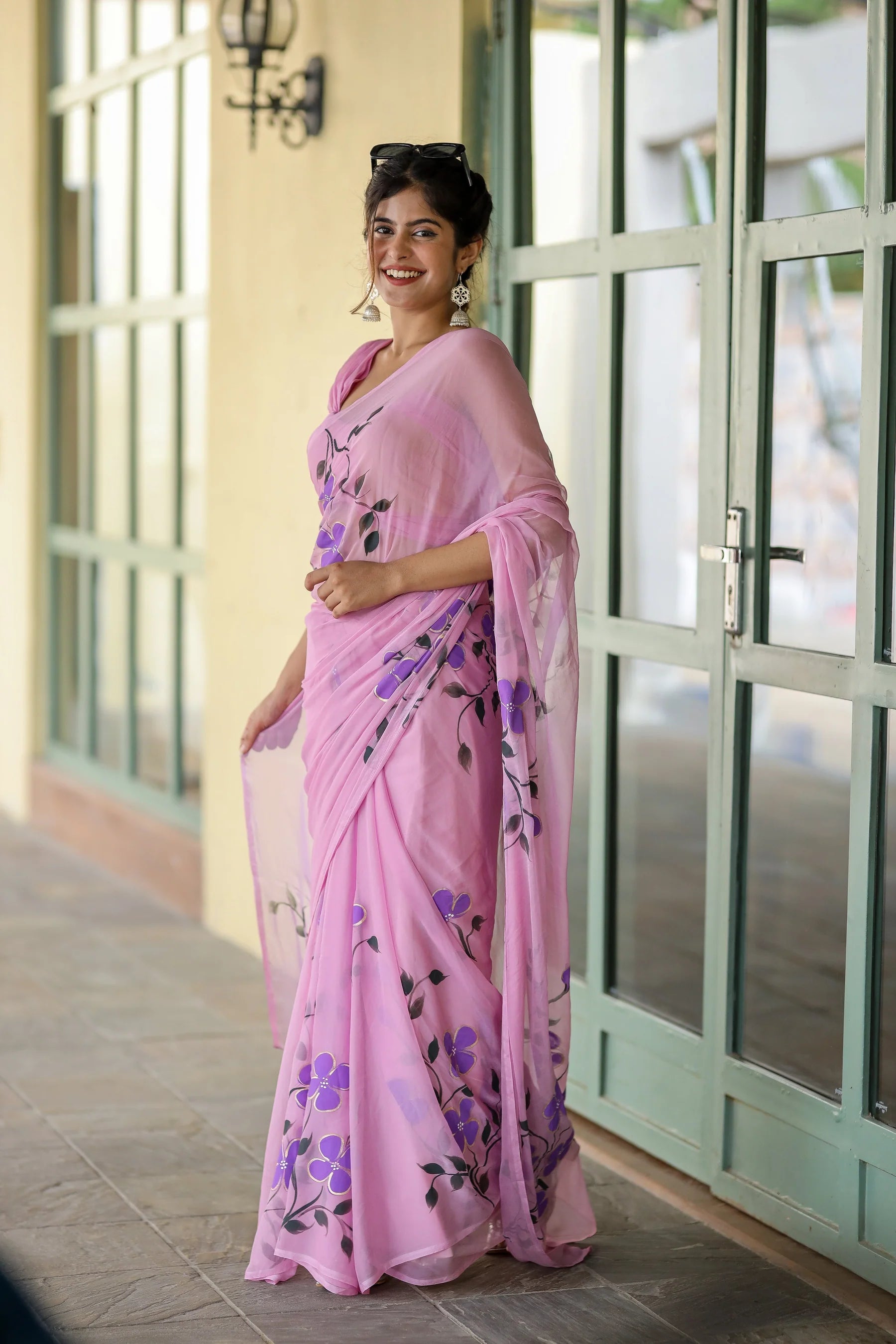 Lavender Pink Georgette Saree with Hand-Painted Purple Flowers – 5.5 Meters with Attached Blouse