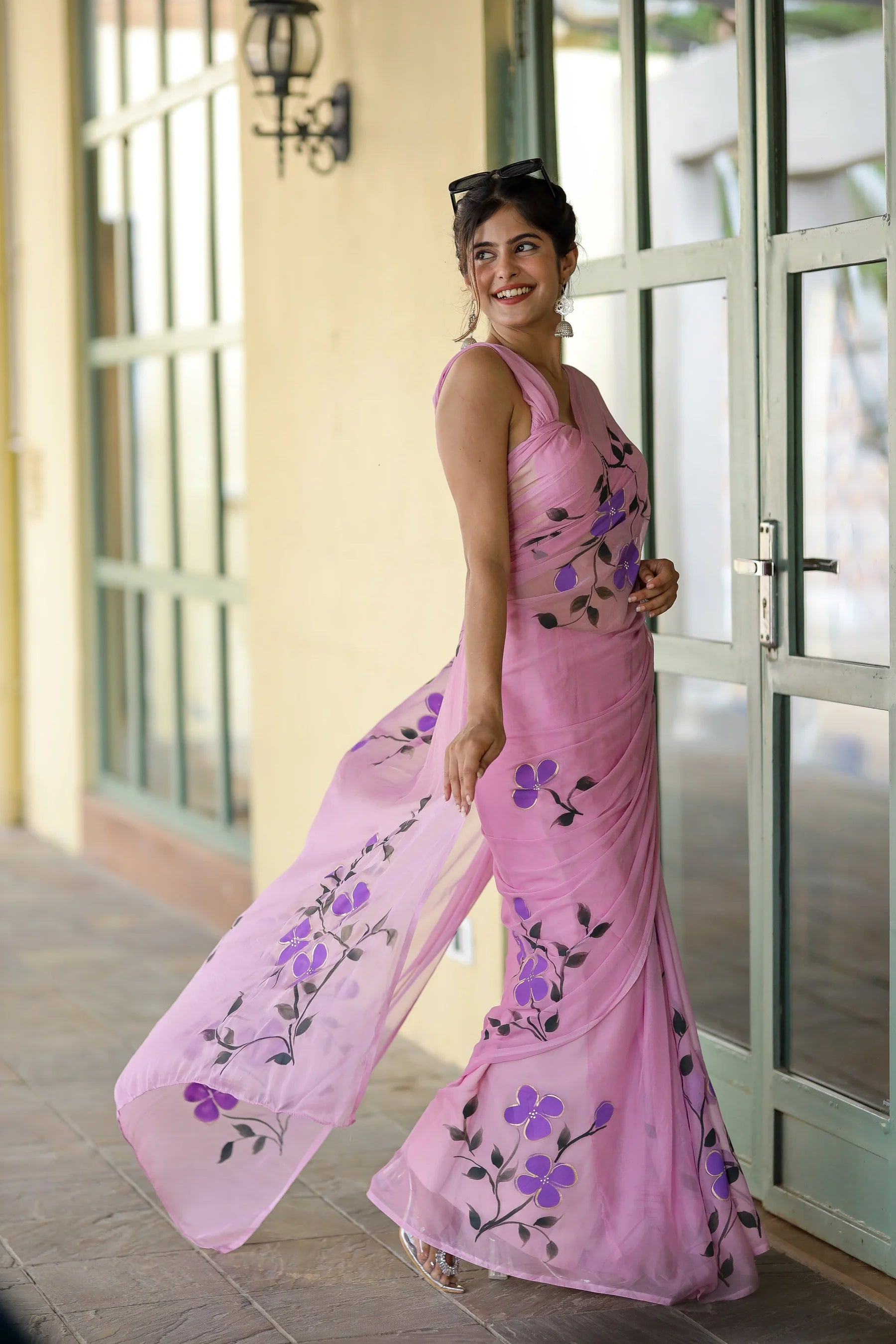Lavender Pink Georgette Saree with Hand-Painted Purple Flowers – 5.5 Meters with Attached Blouse