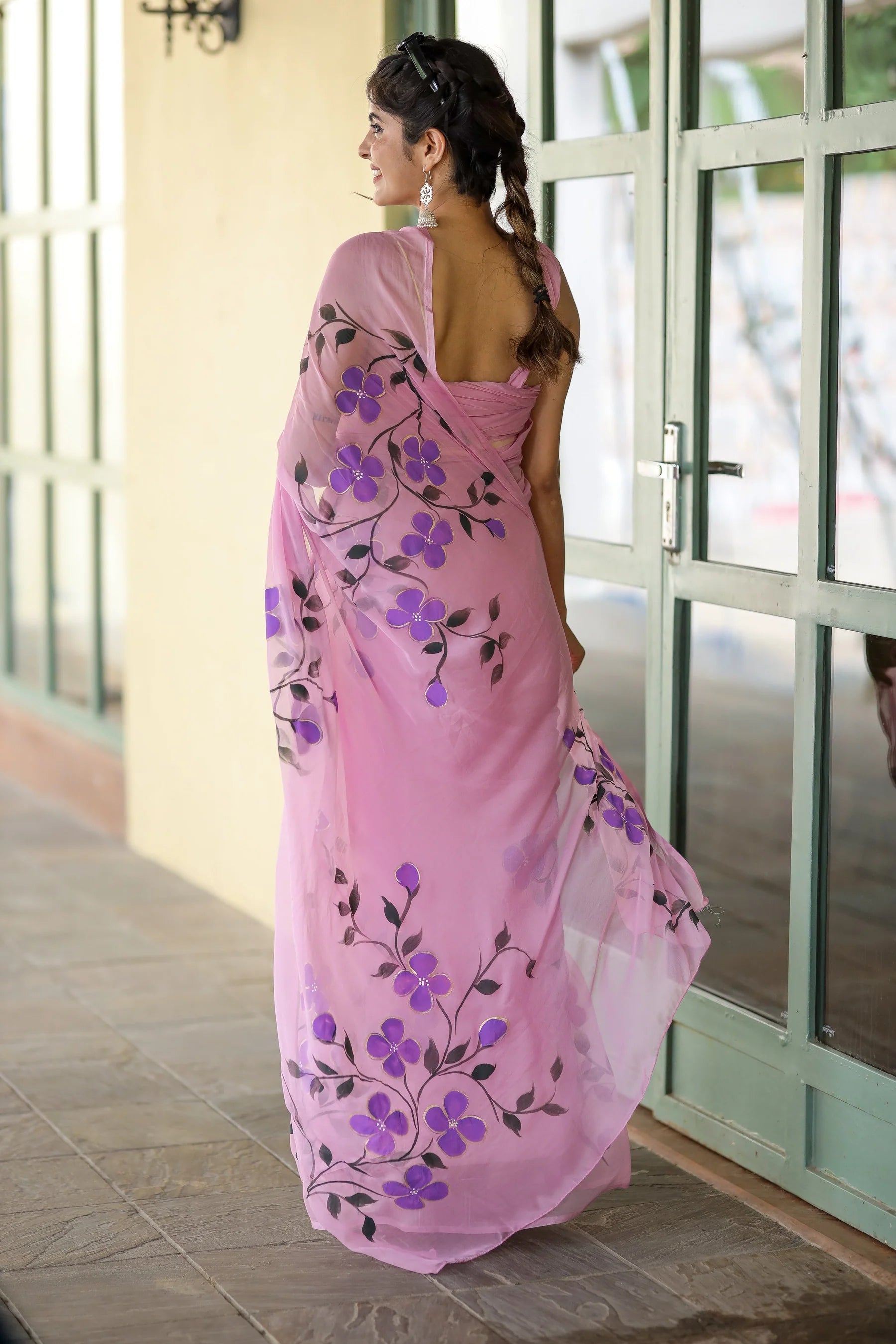 Lavender Pink Georgette Saree with Hand-Painted Purple Flowers – 5.5 Meters with Attached Blouse