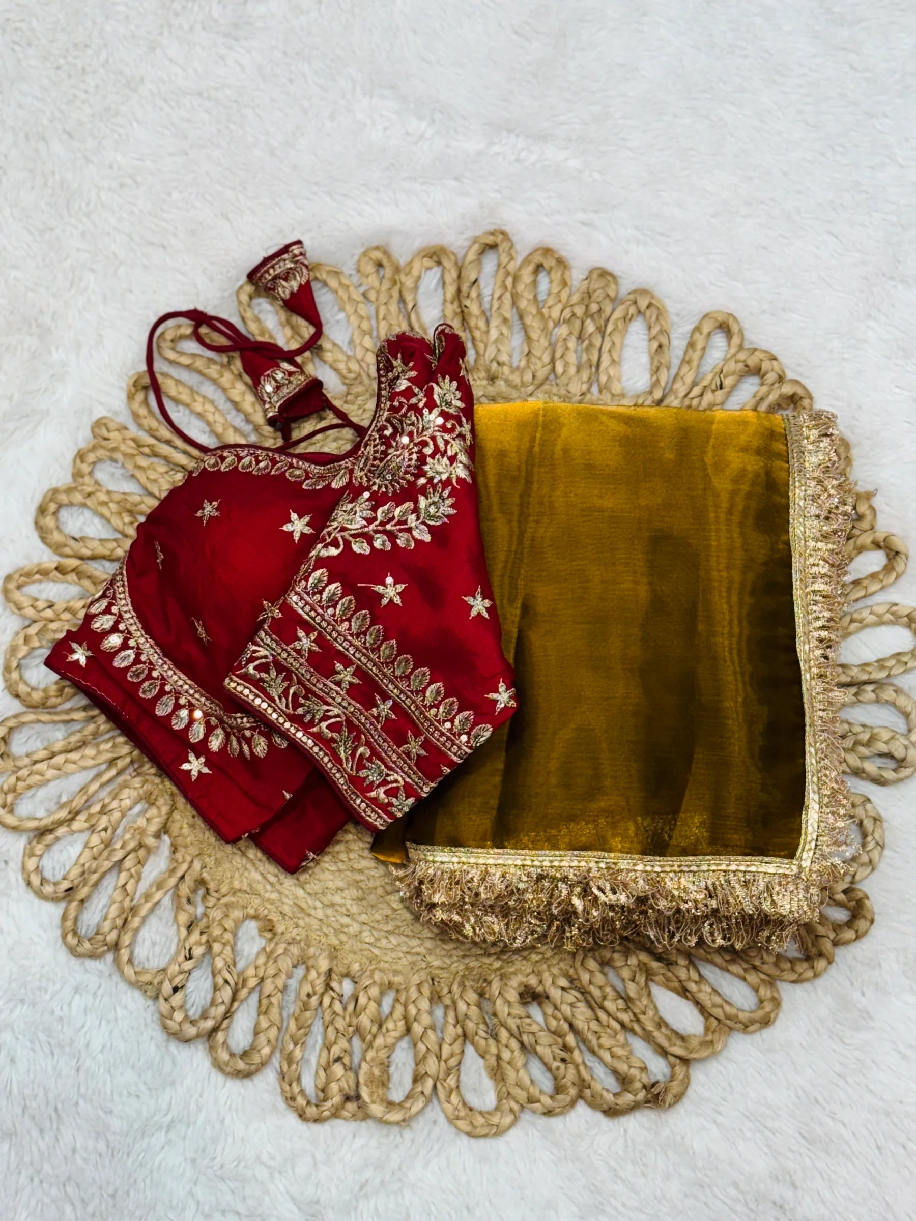 "Elegant Golden Silk Saree with Maroon Embroidered Blouse – Perfect for Weddings and Festive Occasions"