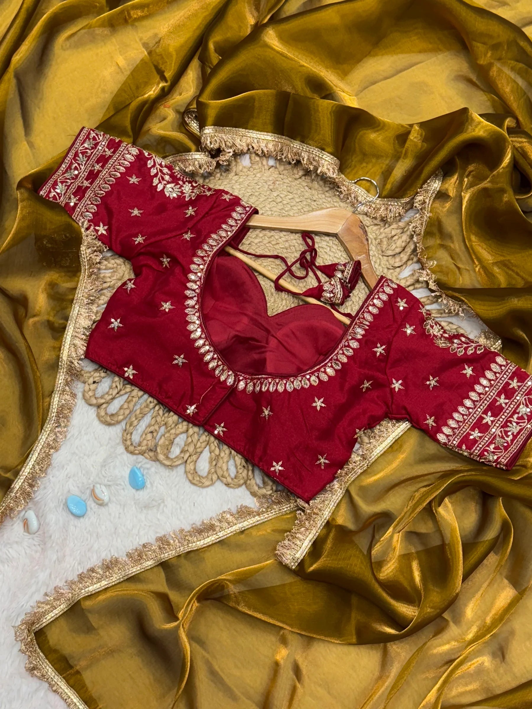 "Elegant Golden Silk Saree with Maroon Embroidered Blouse – Perfect for Weddings and Festive Occasions"