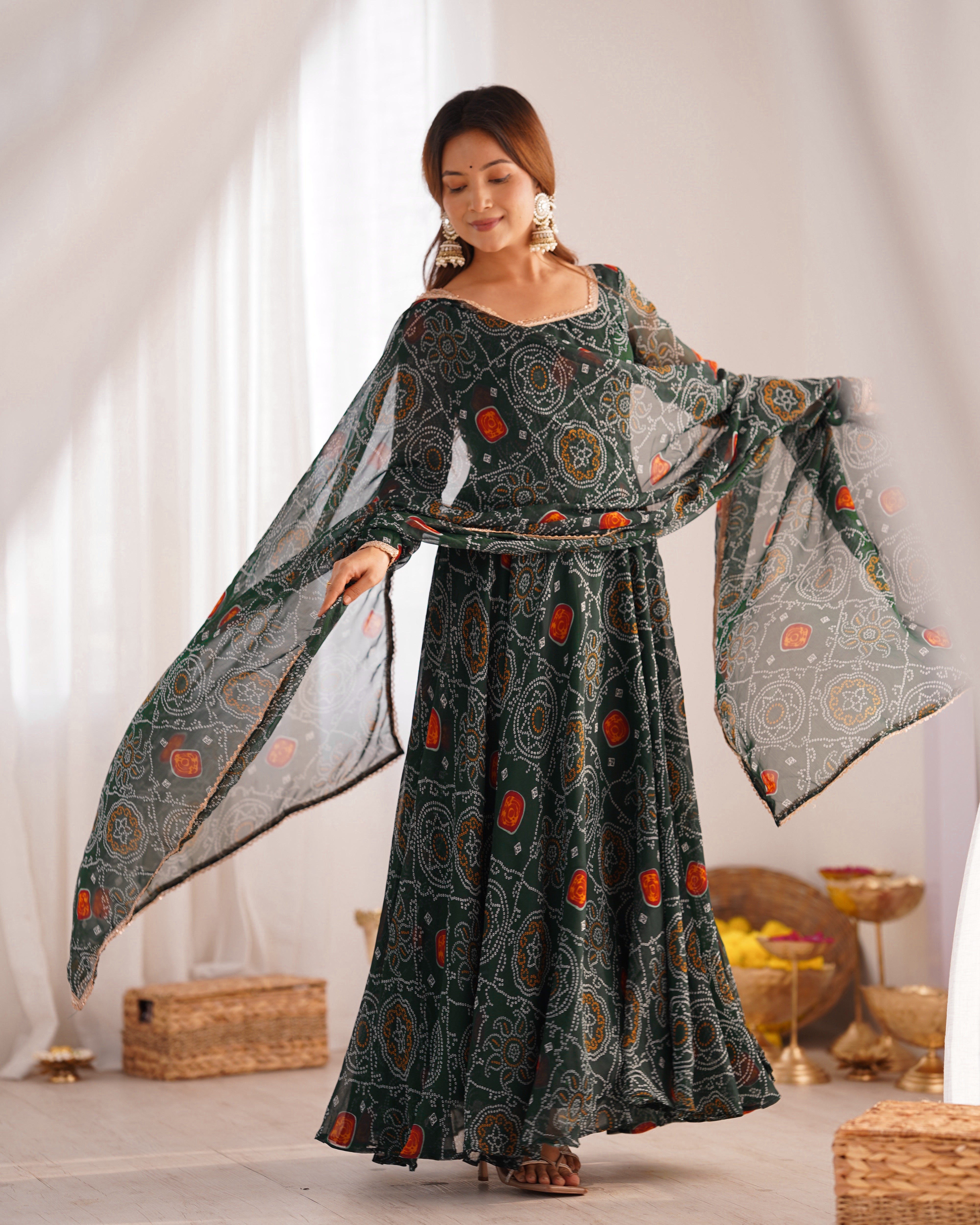 *ANARKALI FABRIC*:PURE SOFT LIGHTWEIGHT CHIFFON BANDHEJ FABRIC INNER MICRO COTTON