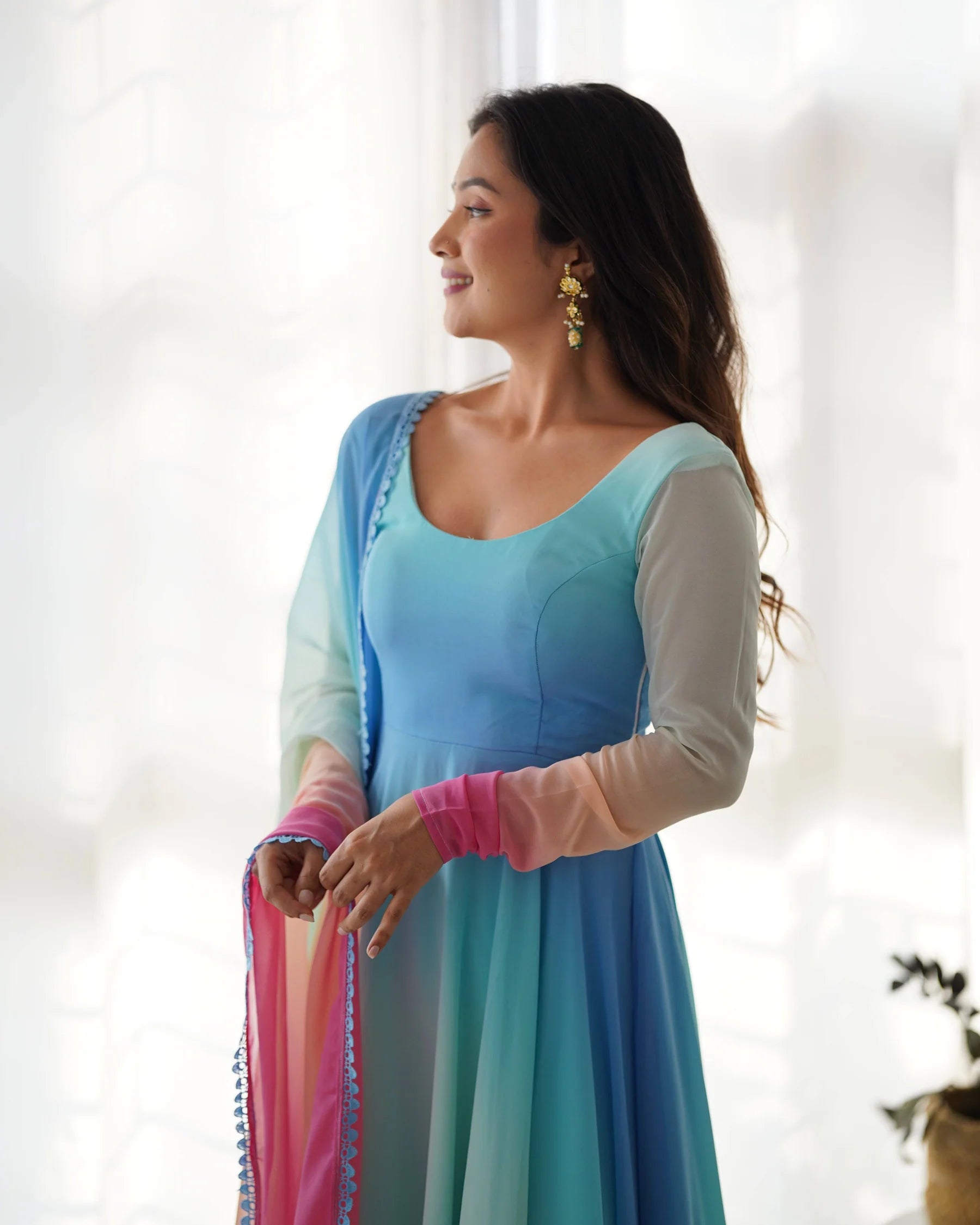 This Colorful Lightweight & Fresh Look Outfit - Pure Soft Fox Georgette Fully Flared Anarkali with Dupatta Set and Pants, Ready to Wear - Perfect for Upcoming Festivities and Weddings