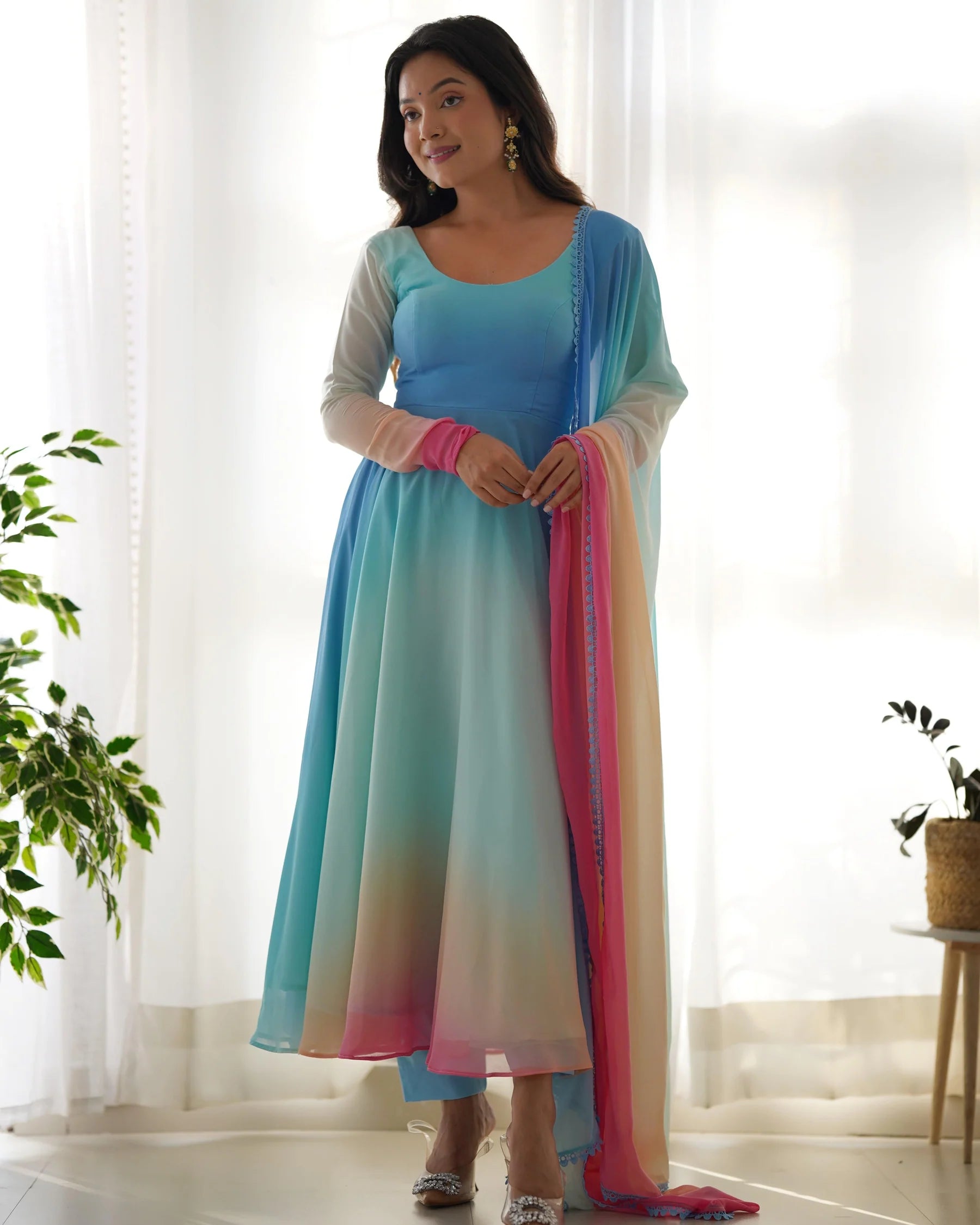 This Colorful Lightweight & Fresh Look Outfit - Pure Soft Fox Georgette Fully Flared Anarkali with Dupatta Set and Pants, Ready to Wear - Perfect for Upcoming Festivities and Weddings