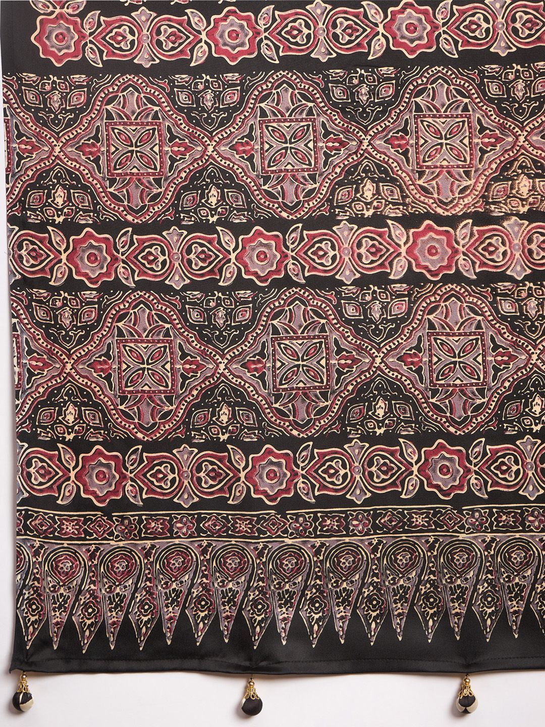 Black Gajji Silk Saree with Traditional Red & Beige Ajrakh Patterns and Tassel Detailing