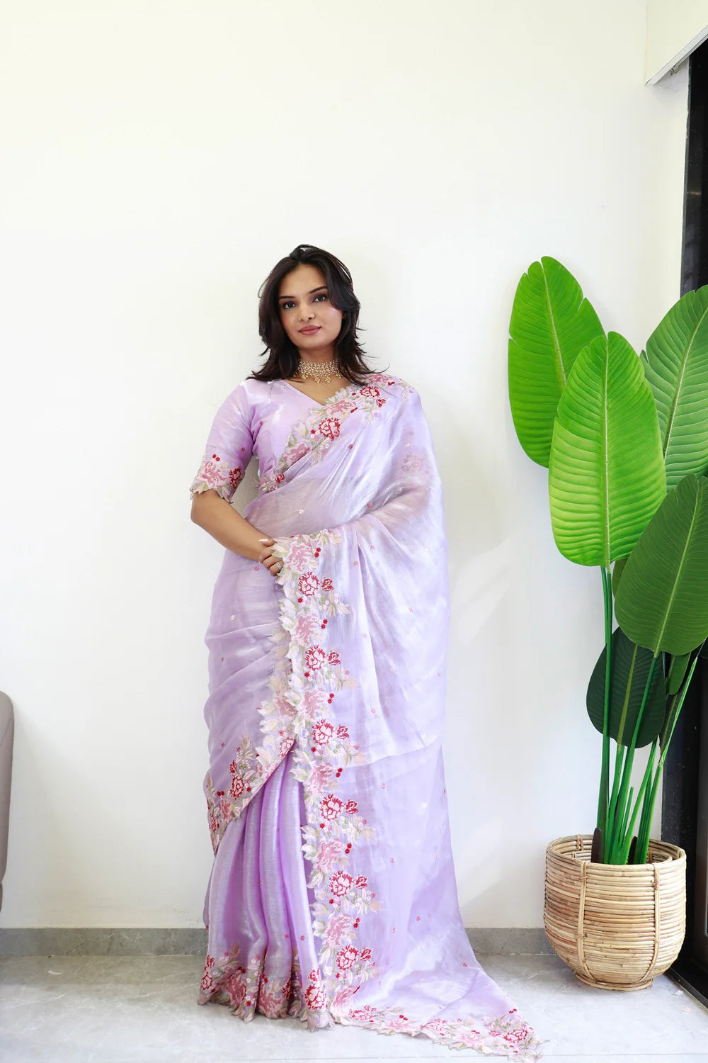 NEW COLOR BURBARY JIMMY CHOO SHINY EMBROIDERY WORK SAREE WITH UNSTICHED BLOUSE