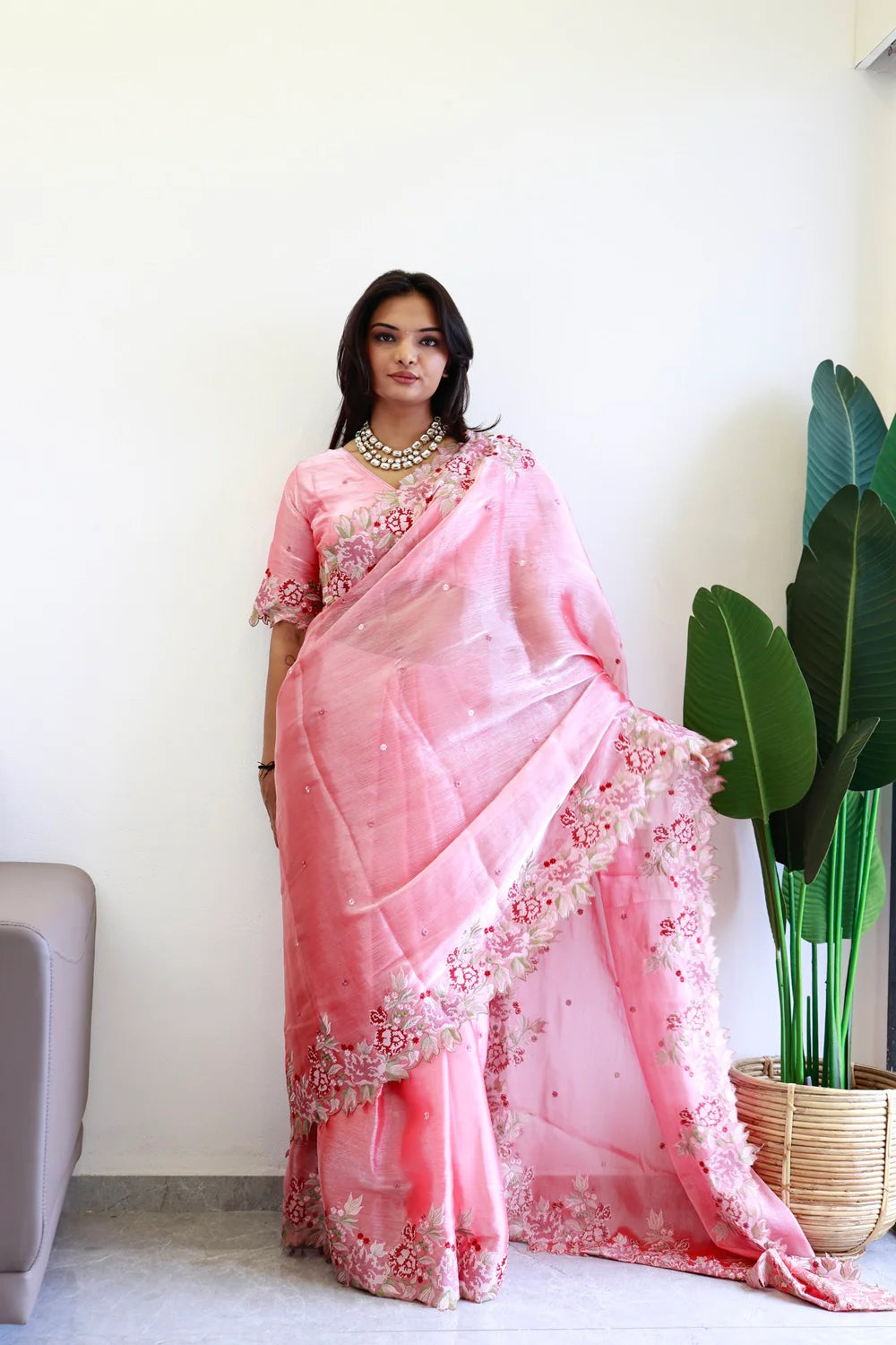 NEW COLOR BURBARY JIMMY CHOO SHINY EMBROIDERY WORK SAREE WITH UNSTICHED BLOUSE