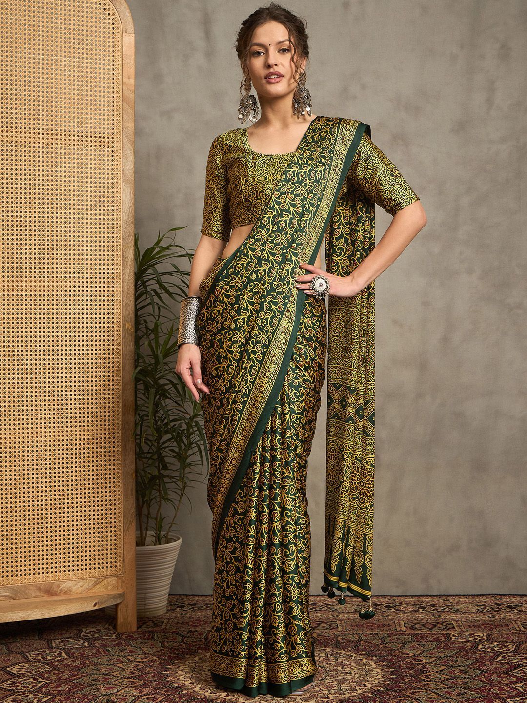 Elegant Handcrafted Gajji Silk Saree in Deep Green with Mustard Ajrakh Print