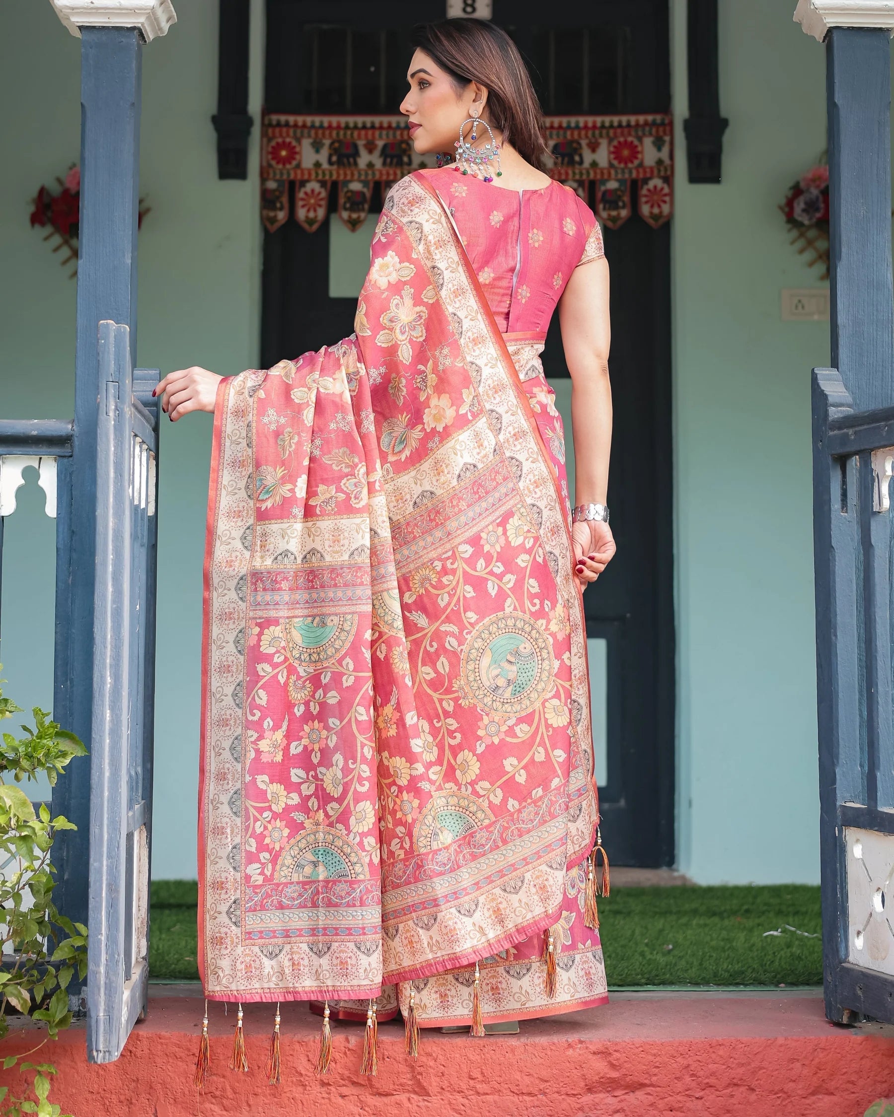 Rosy Pink with Intricate Floral Motifs Linen Cotton Handloom Printed Saree, Peacock Pallu, and Tassels