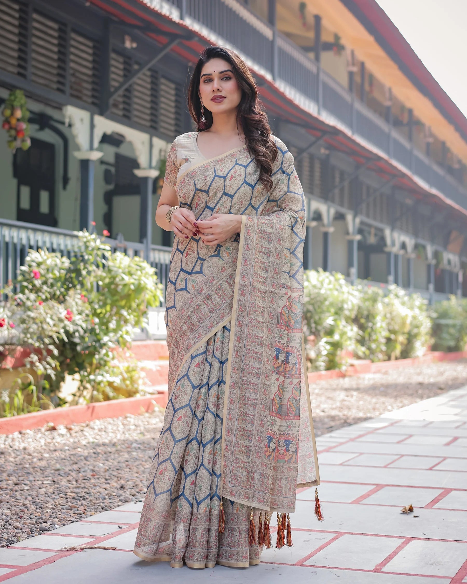 Classic Beige Handloom Cotton-Linen Saree with Madhubani-Inspired Prints and Zari Highlights
