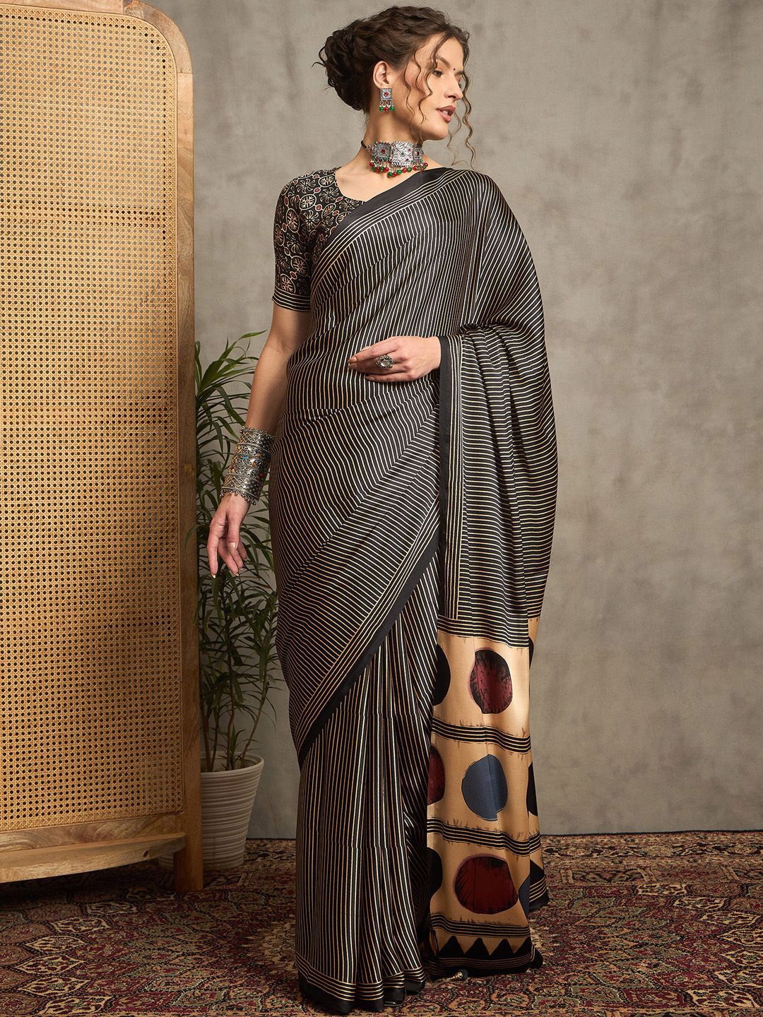 Beige & Black Gajji Silk Saree with Multicolor Polka Pallu and Contrast Printed Blouse
