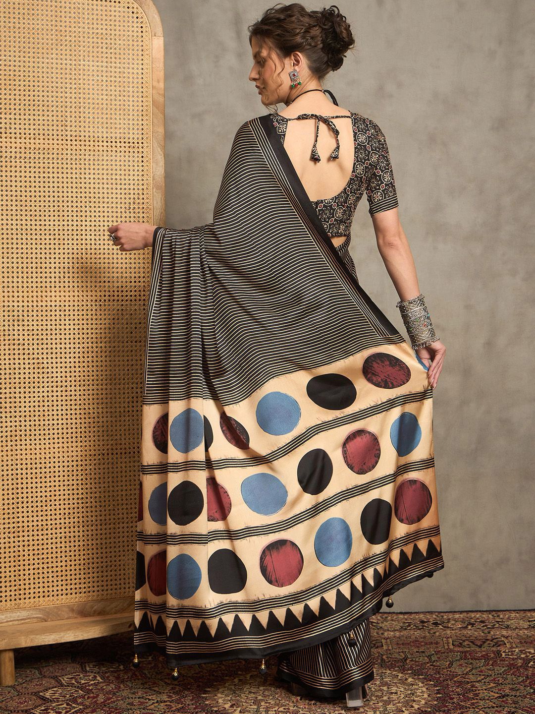 Beige & Black Gajji Silk Saree with Multicolor Polka Pallu and Contrast Printed Blouse