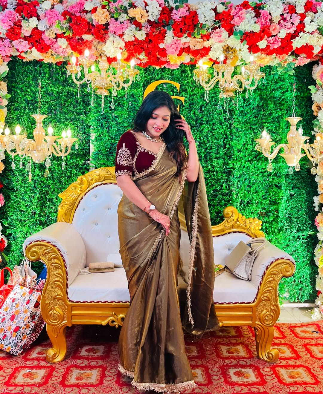 "Elegant Golden Silk Saree with Maroon Embroidered Blouse – Perfect for Weddings and Festive Occasions"