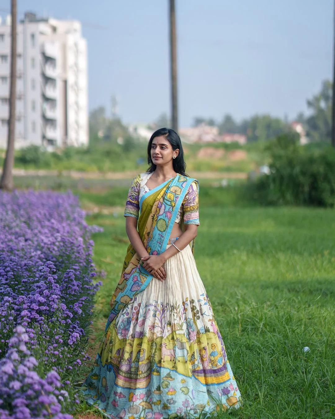 Cream and Mustard Kalamkari Lehenga with Pastoral Motif and Blue Border