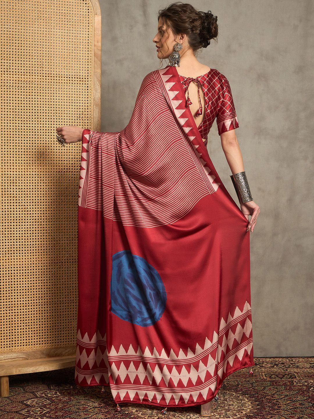 Rust Red Gajji Silk Saree with Blue Abstract Motif & Geometric Pallu Border