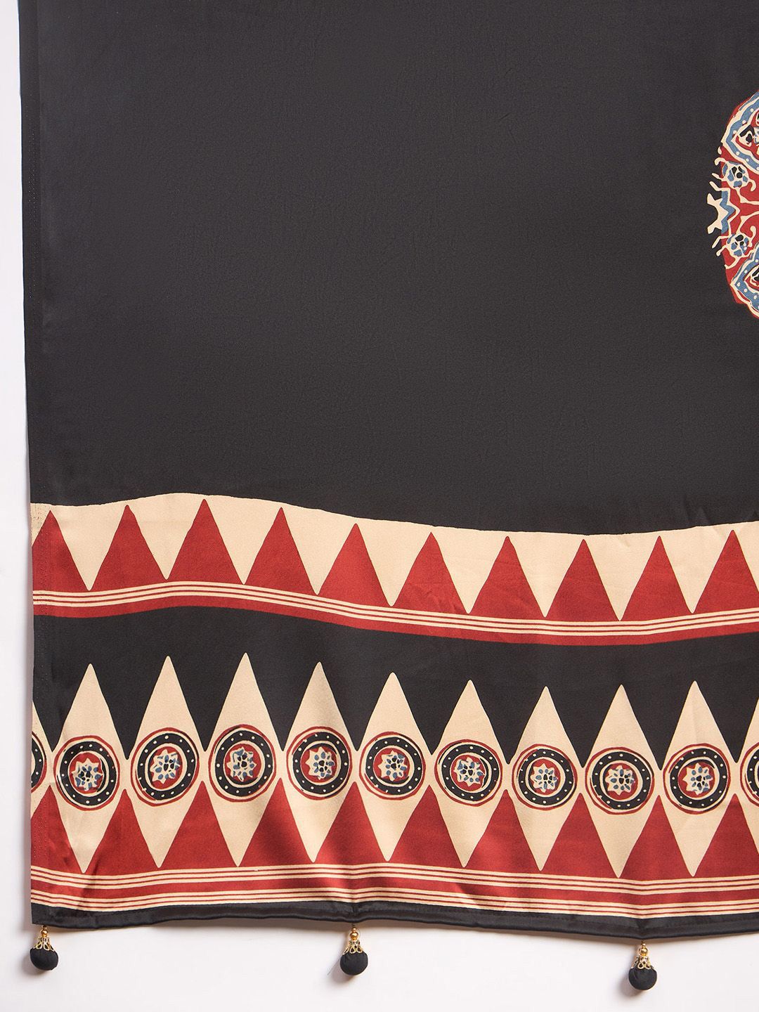 Contemporary Rust & Black Gajji Silk Saree with Tribal-Inspired Border & Printed Blouse