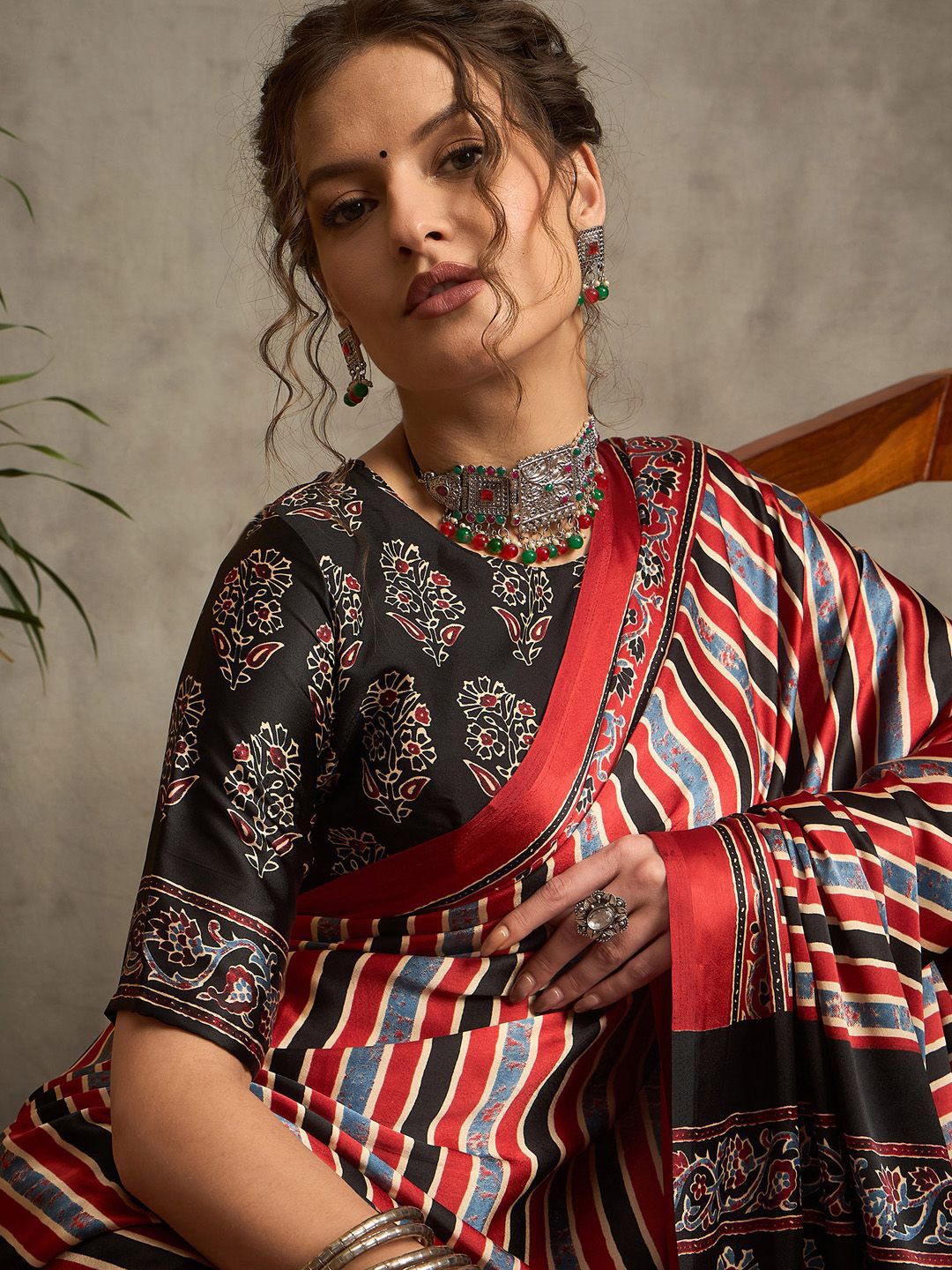 Multicolor Striped Gajji Silk Saree with Contrasting Ajrakh Pallu and Ethnic Border