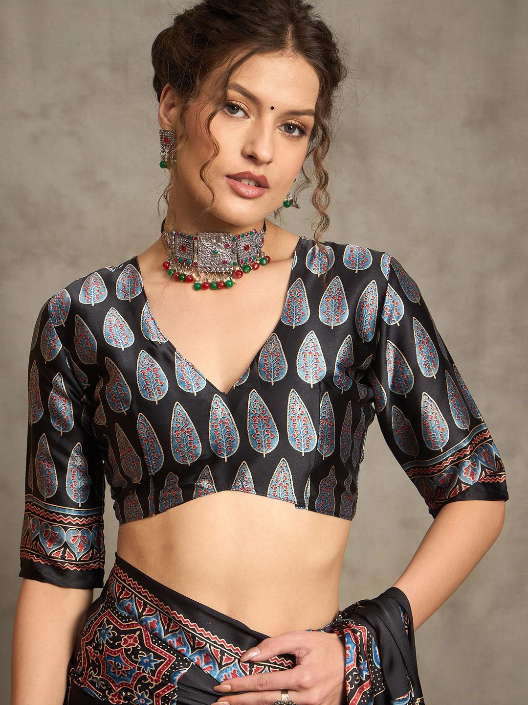 Black Gajji Silk Saree with Multicolor Ajrakh Motifs & Designer Pallu