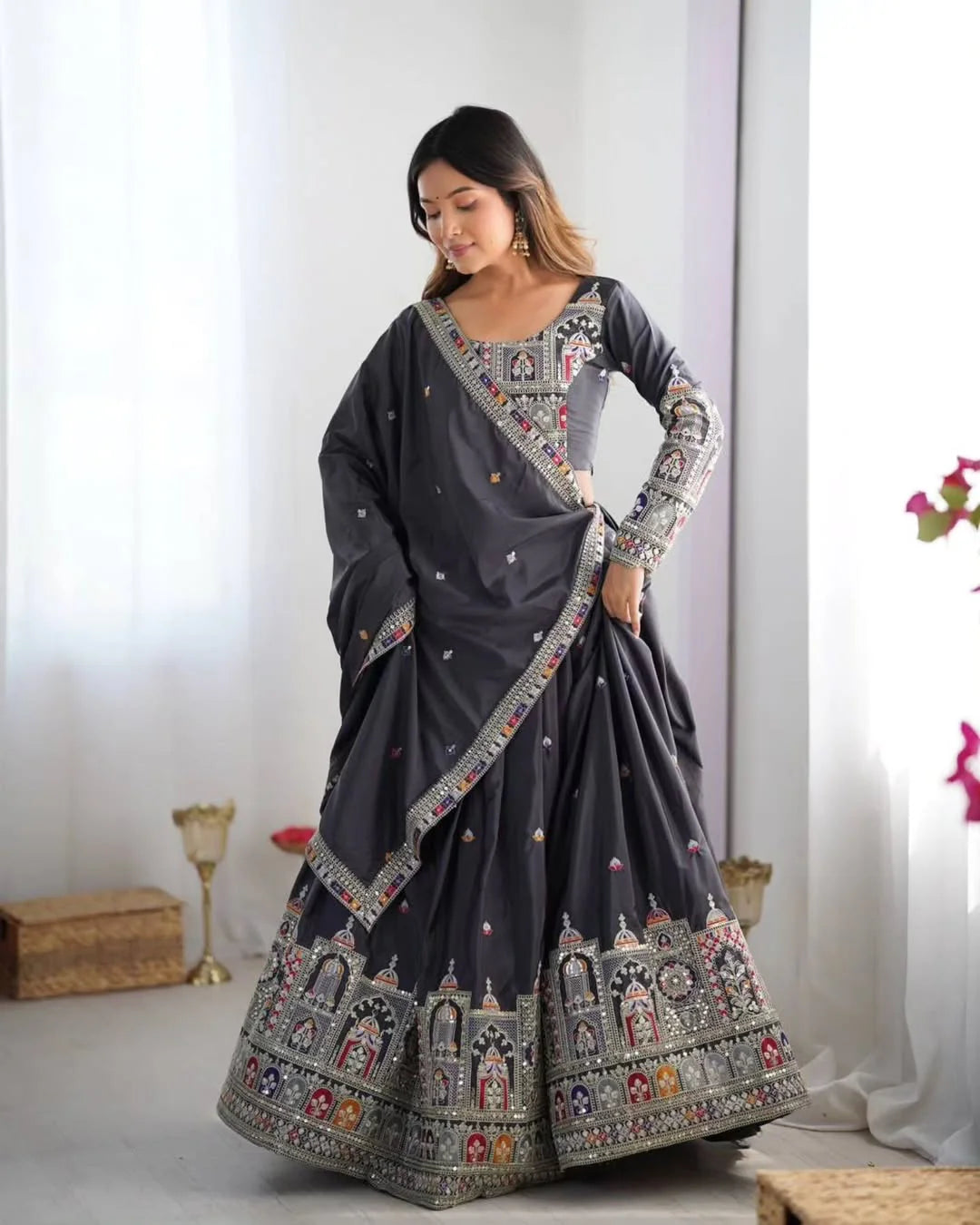 Elegant Black Chaniya Choli for Women – Heavy Embroidered Lehenga with Mirror Work & Net Dupatta | Gujarati Wedding & Navratri Special Outfit