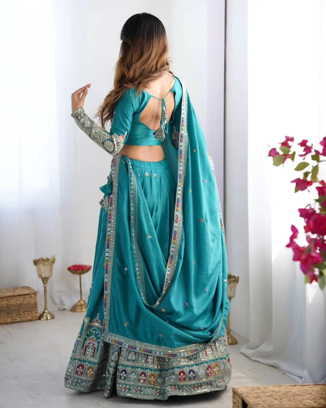 Peacock Blue Chaniya Choli for Women – Heavy Mirror Work Gujarati Lehenga with Embroidered Blouse & Dupatta | Wedding & Navratri Traditional Outfit