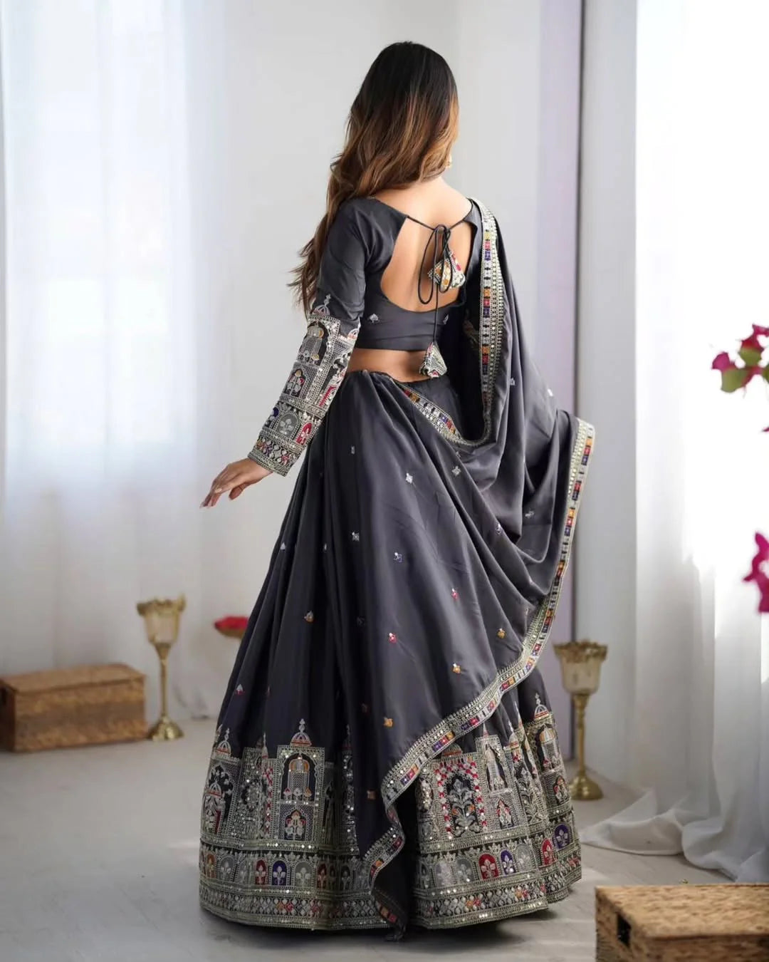 Elegant Black Chaniya Choli for Women – Heavy Embroidered Lehenga with Mirror Work & Net Dupatta | Gujarati Wedding & Navratri Special Outfit