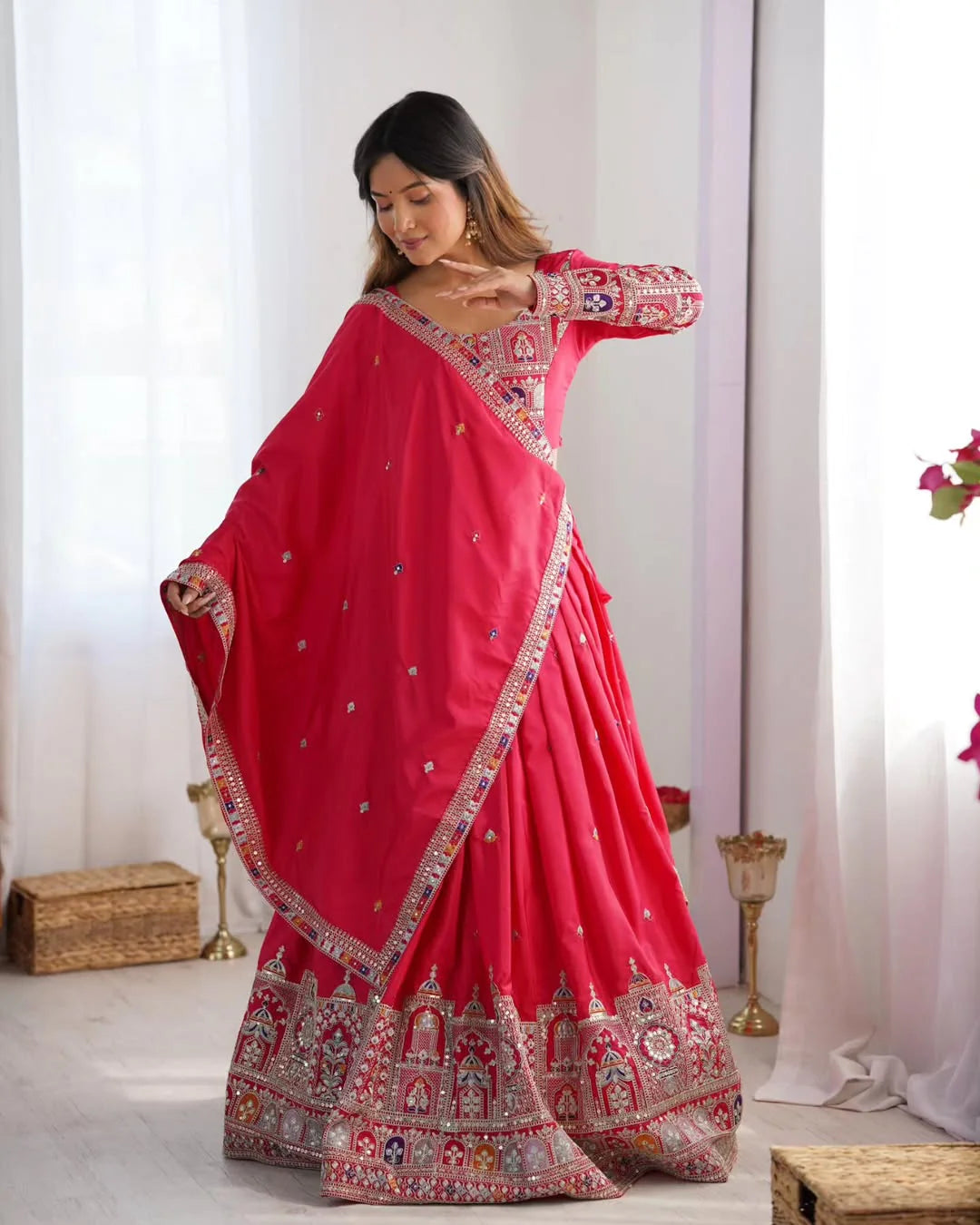 Designer Wedding Chaniya Choli for Women – Traditional Mirror Work Lehenga in Rani Pink & Gajri with Embroidered Dupatta – Gujarati Garba Navratri Outfit