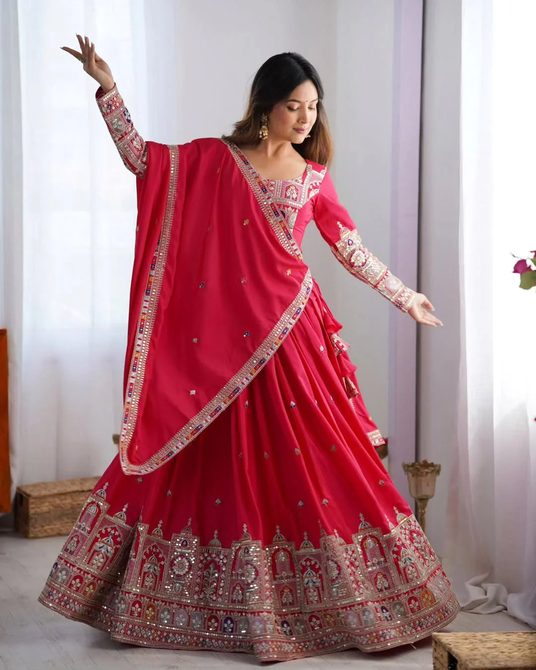 Designer Wedding Chaniya Choli for Women – Traditional Mirror Work Lehenga in Rani Pink & Gajri with Embroidered Dupatta – Gujarati Garba Navratri Outfit