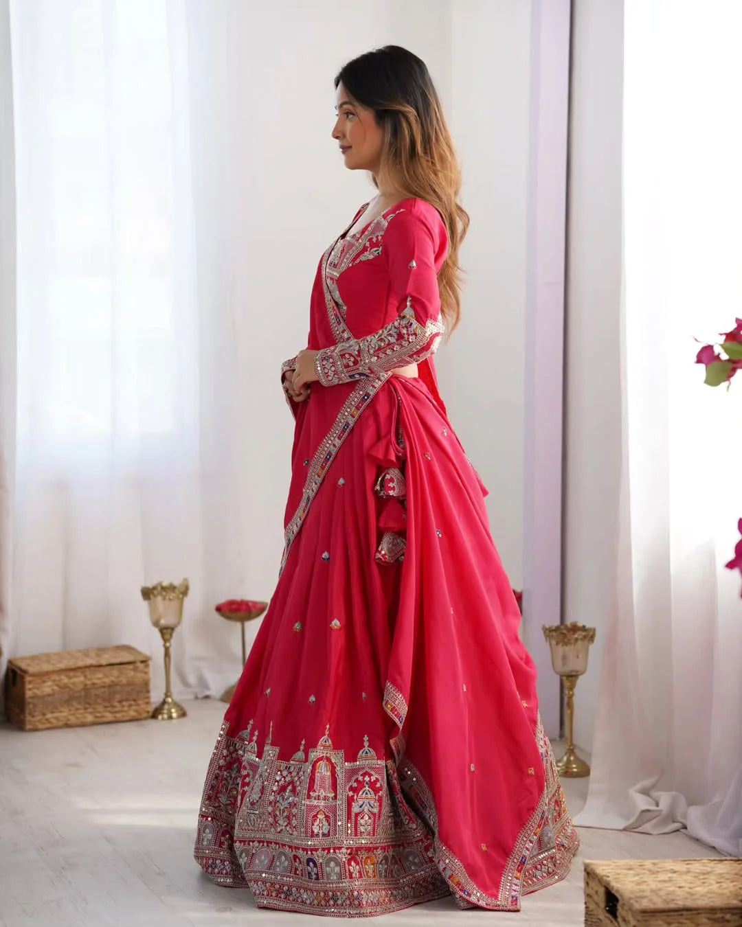 Designer Wedding Chaniya Choli for Women – Traditional Mirror Work Lehenga in Rani Pink & Gajri with Embroidered Dupatta – Gujarati Garba Navratri Outfit