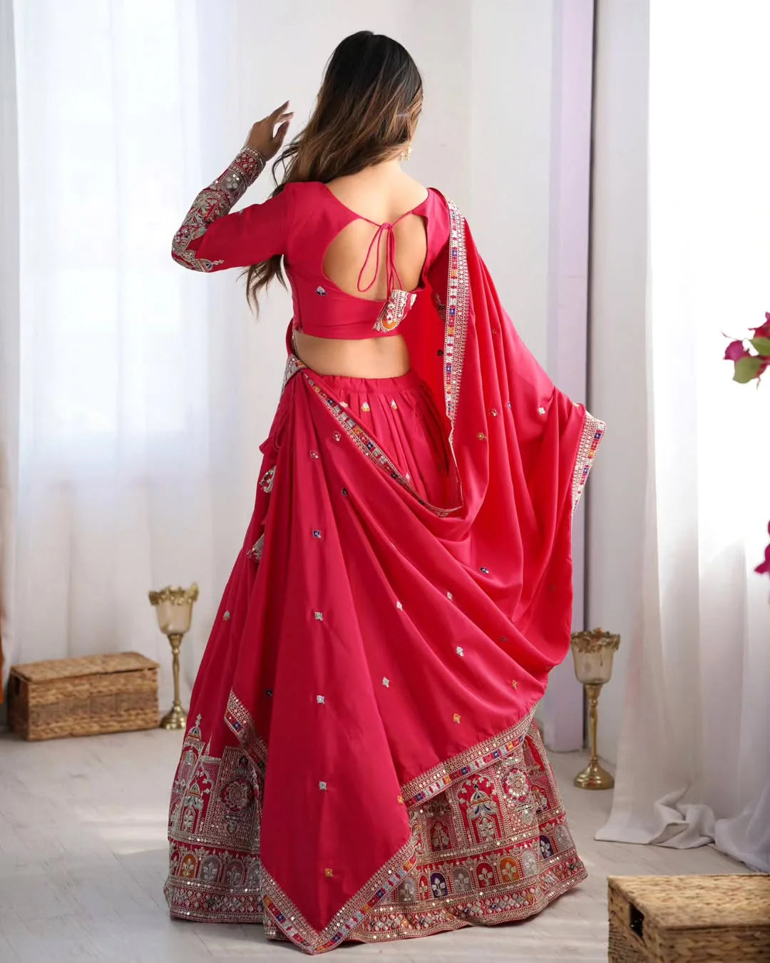 Designer Wedding Chaniya Choli for Women – Traditional Mirror Work Lehenga in Rani Pink & Gajri with Embroidered Dupatta – Gujarati Garba Navratri Outfit