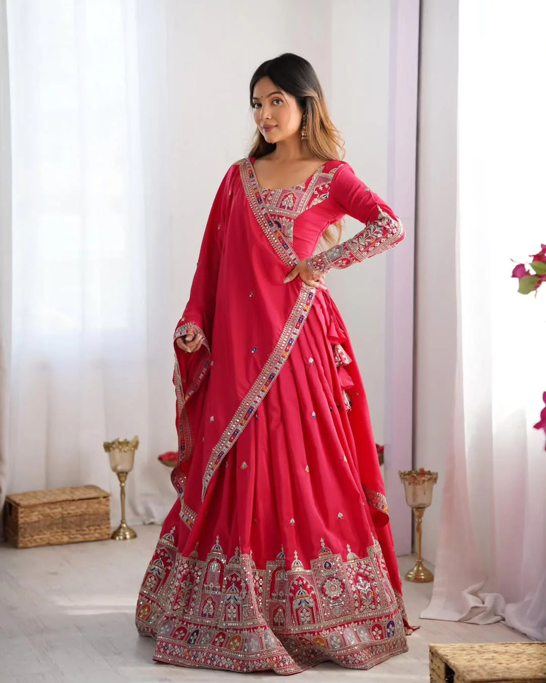 Designer Wedding Chaniya Choli for Women – Traditional Mirror Work Lehenga in Rani Pink & Gajri with Embroidered Dupatta – Gujarati Garba Navratri Outfit
