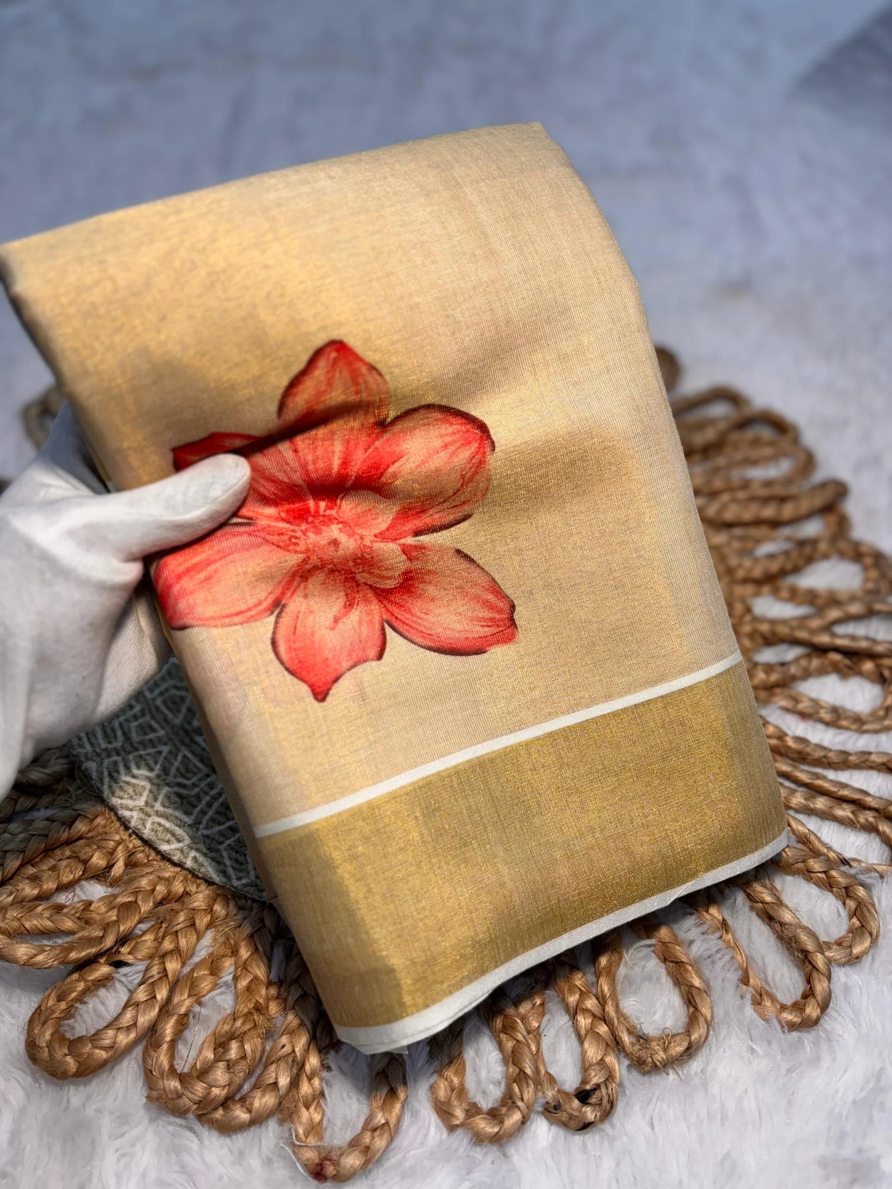 Elegant Beige Floral Print Gold Tissue Silk Saree for Women - Traditional Indian Attire with Pink Blossom Design