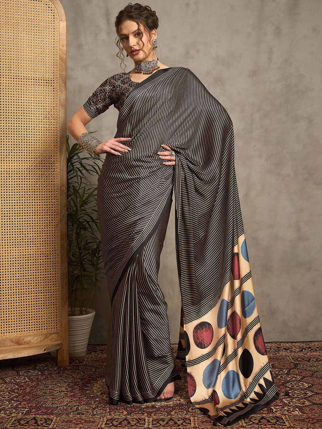 Beige & Black Gajji Silk Saree with Multicolor Polka Pallu and Contrast Printed Blouse
